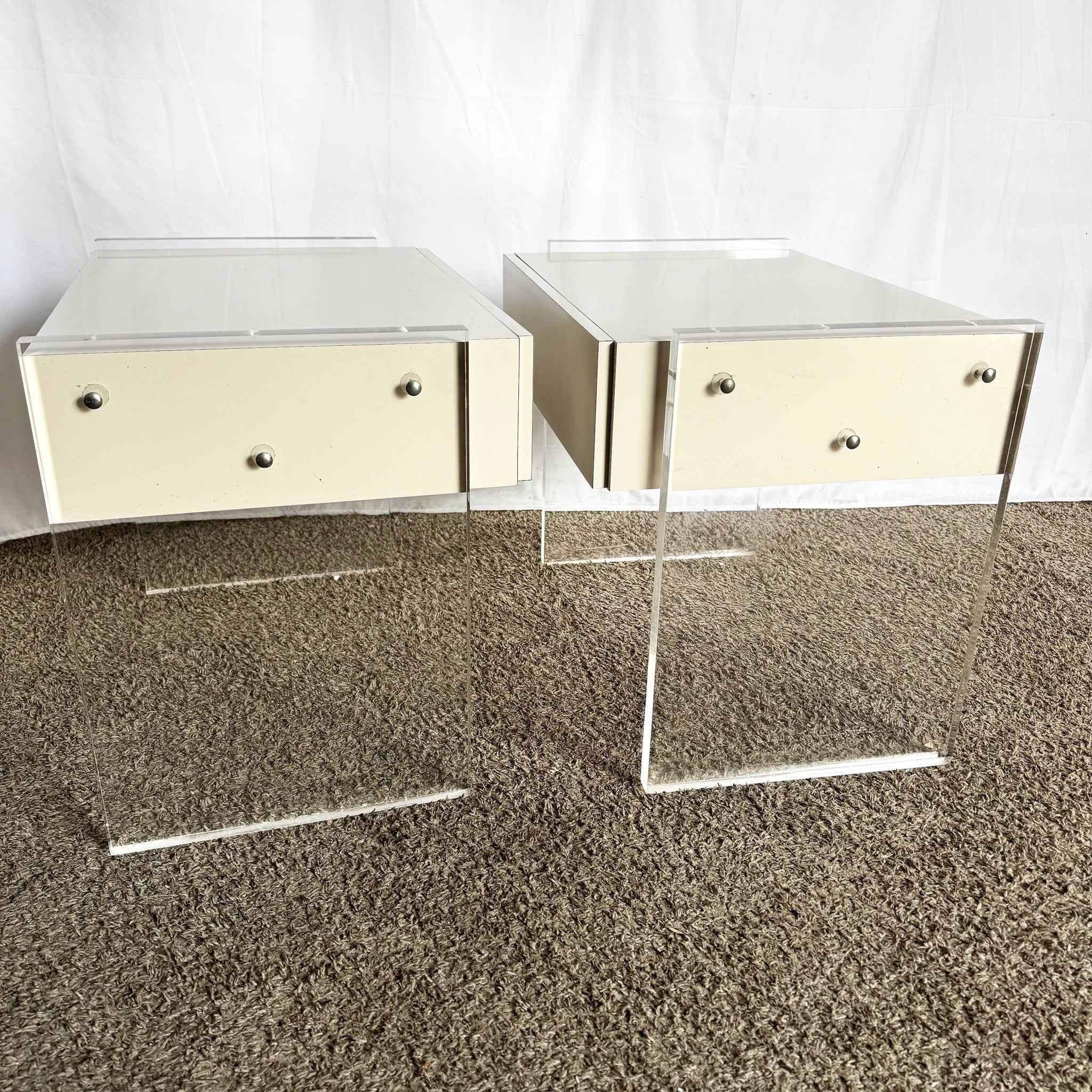 Postmodern White Laminate Lucite Floating Nighstands - A Pair - Dolphin & Flamingo