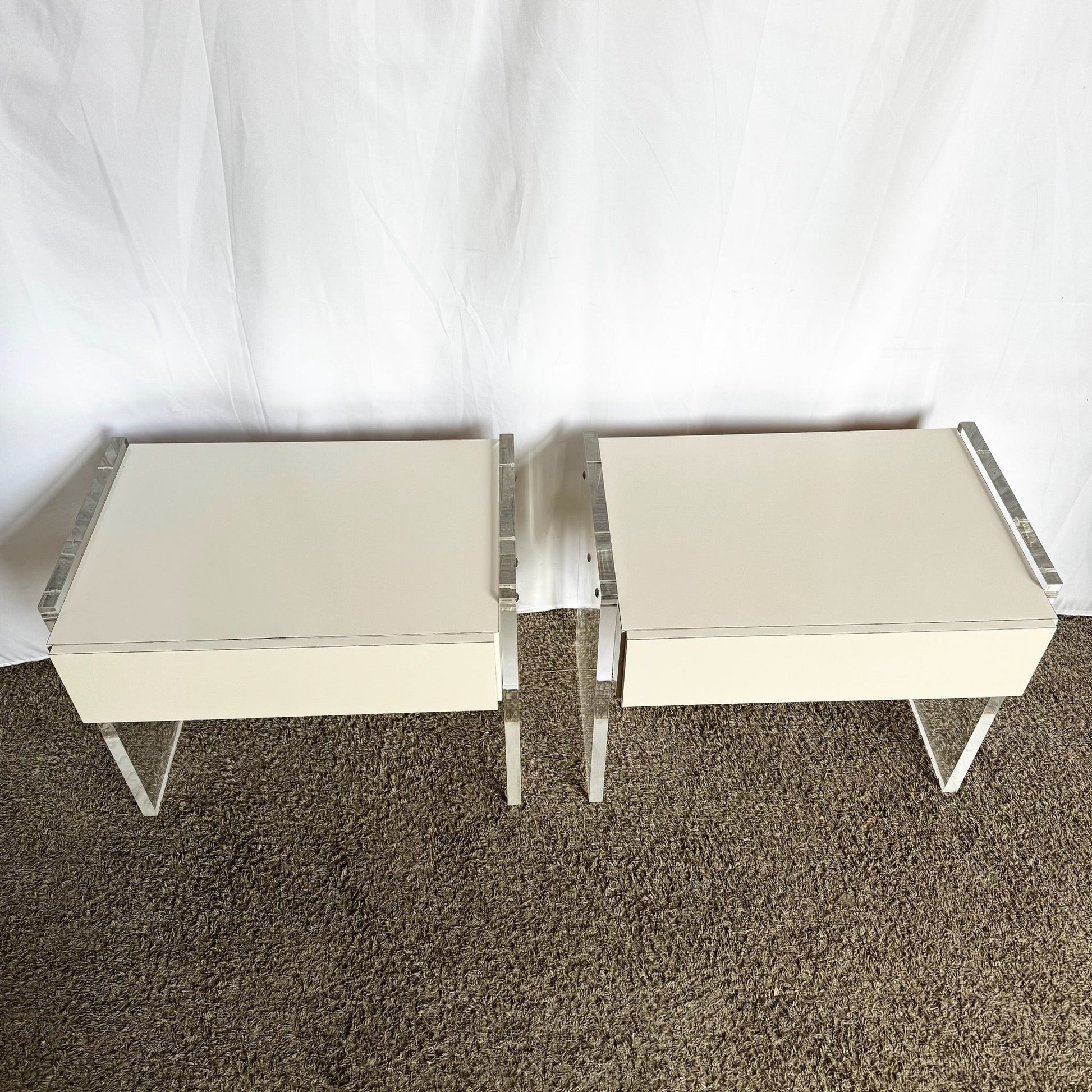Postmodern White Laminate Lucite Floating Nighstands - A Pair - Dolphin & Flamingo