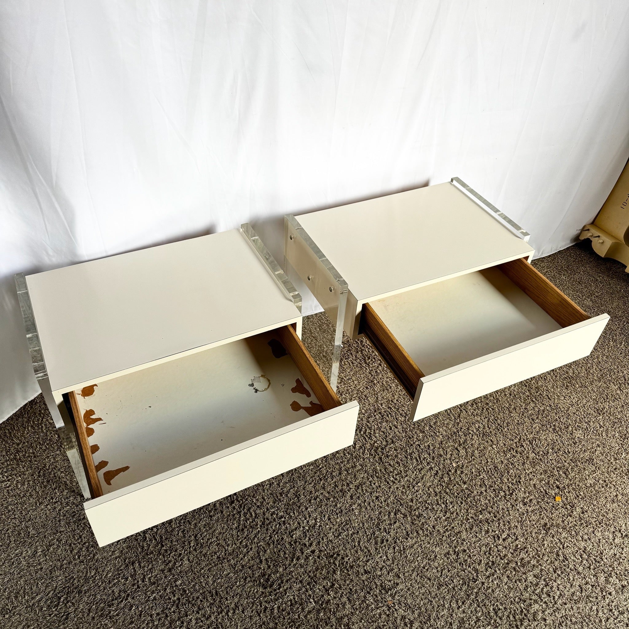 Postmodern White Laminate Lucite Floating Nighstands - A Pair - Dolphin & Flamingo