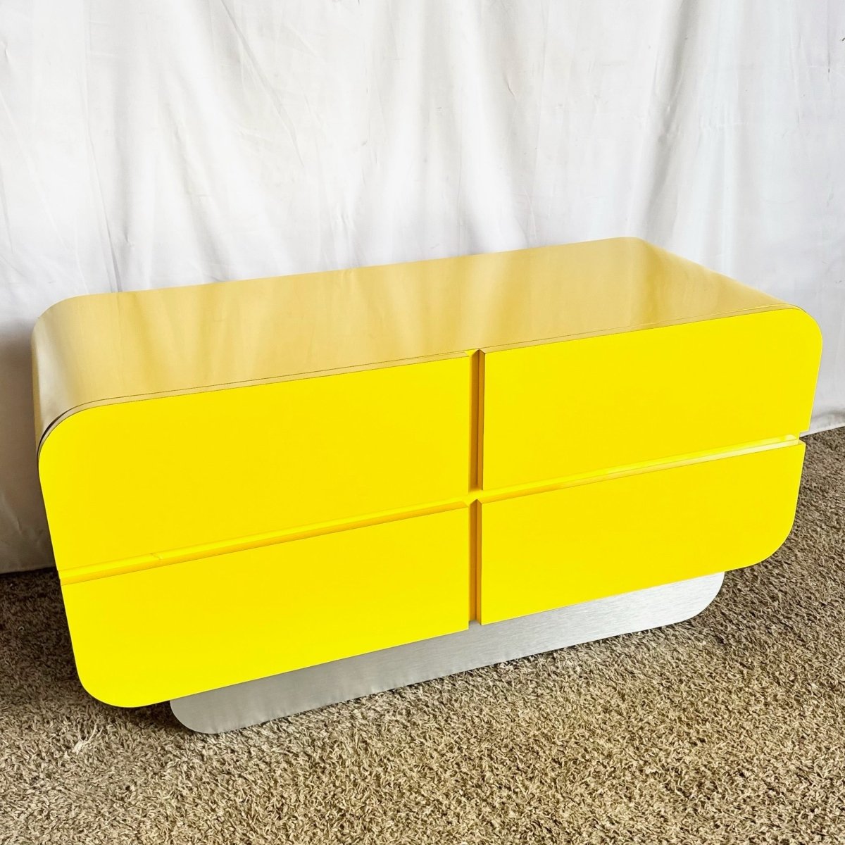 Postmodern Yellow Lacquer Laminate Waterfall Dresser/Chest of Drawers - Dolphin & Flamingo