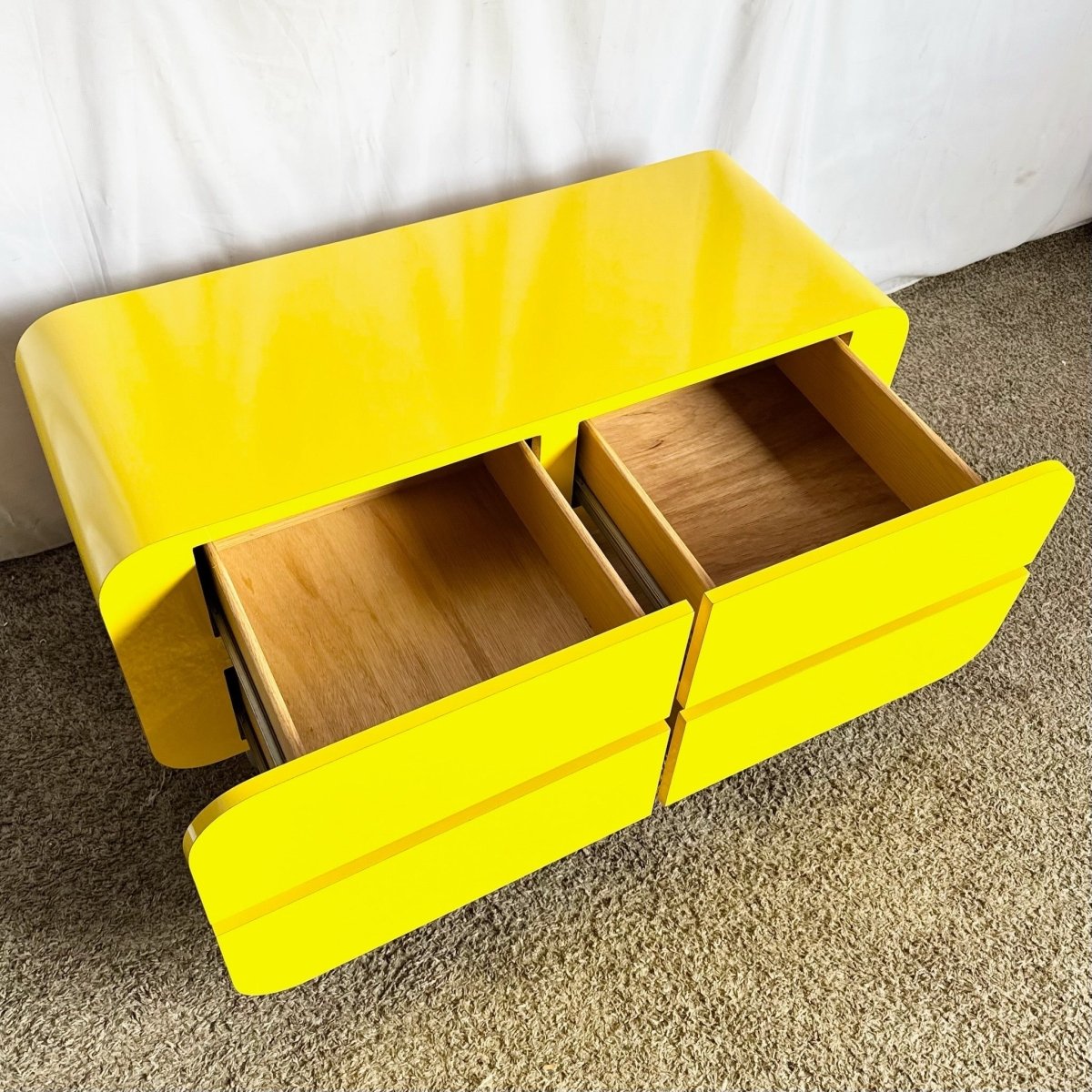 Postmodern Yellow Lacquer Laminate Waterfall Dresser/Chest of Drawers - Dolphin & Flamingo