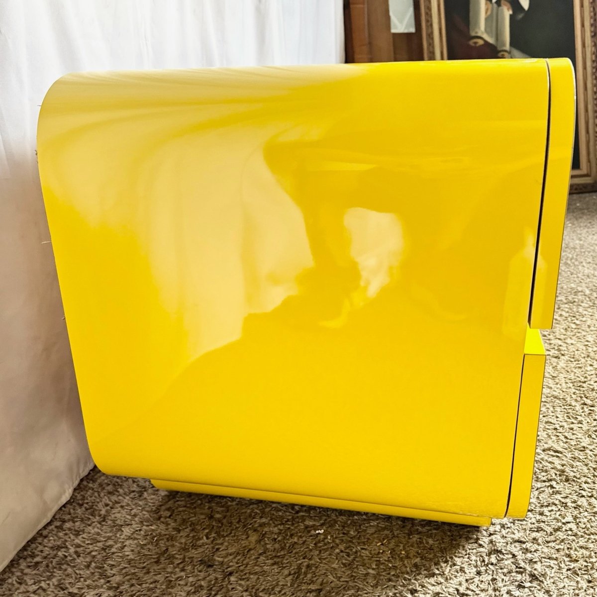 Postmodern Yellow Lacquer Laminate Waterfall Dresser/Chest of Drawers - Dolphin & Flamingo