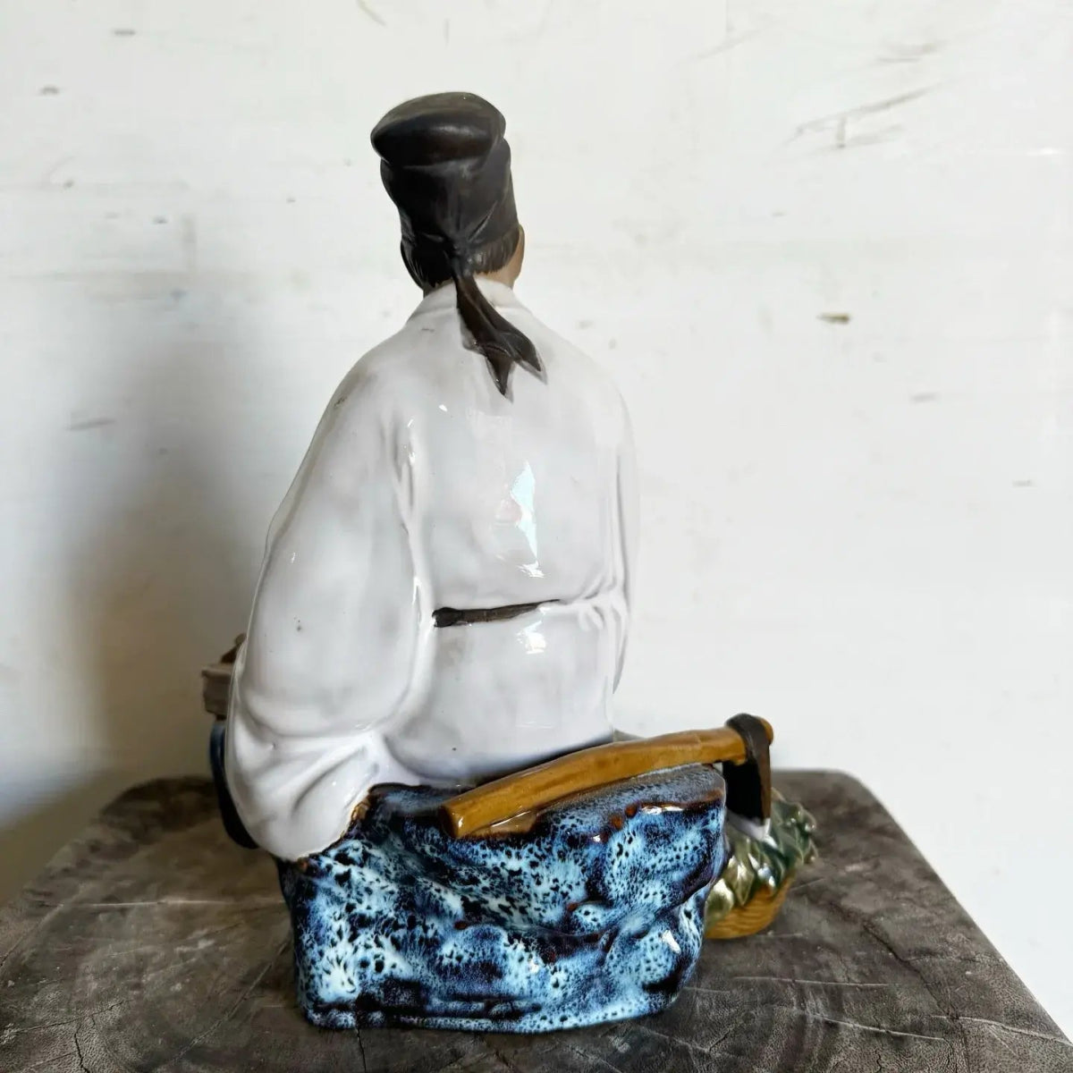Shiwan Chinese Mudman "The Doctor" or "Scholar" Ceramic Figurine/Sculpture - Dolphin & Flamingo