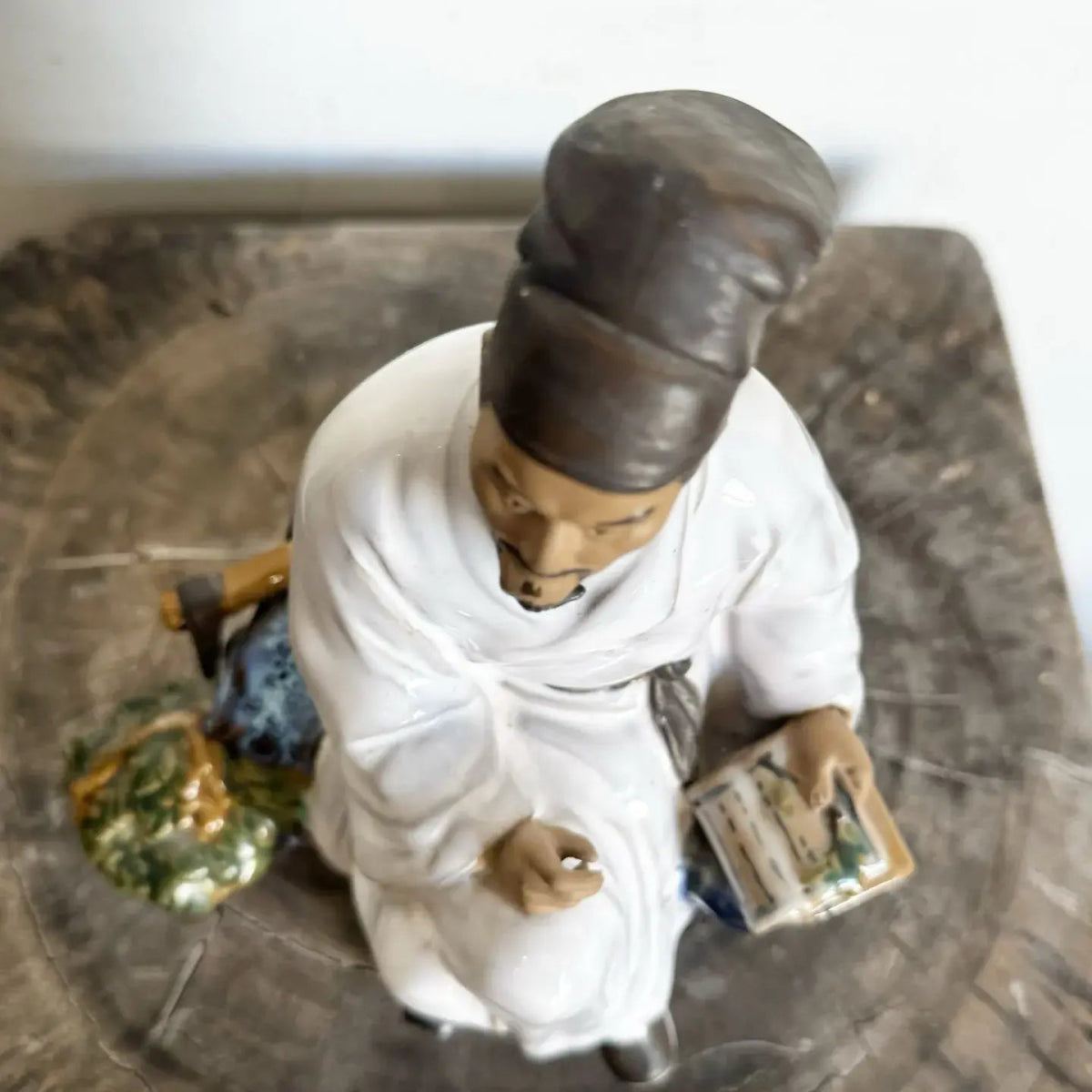 Shiwan Chinese Mudman "The Doctor" or "Scholar" Ceramic Figurine/Sculpture - Dolphin & Flamingo