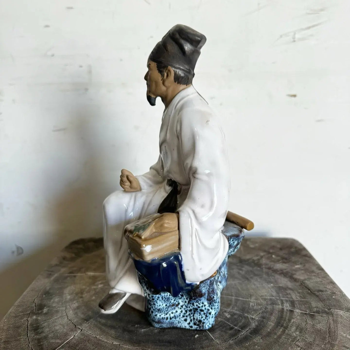 Shiwan Chinese Mudman "The Doctor" or "Scholar" Ceramic Figurine/Sculpture - Dolphin & Flamingo