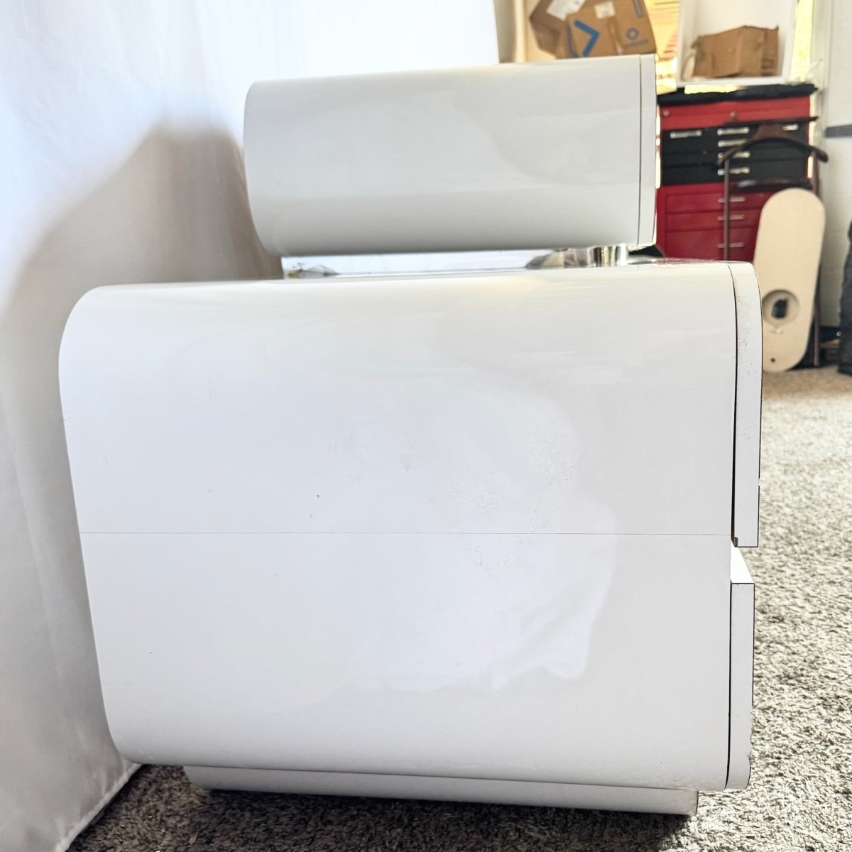 Space Age Gray and Chrome Laminate Double Waterfall Dresser - Dolphin & Flamingo