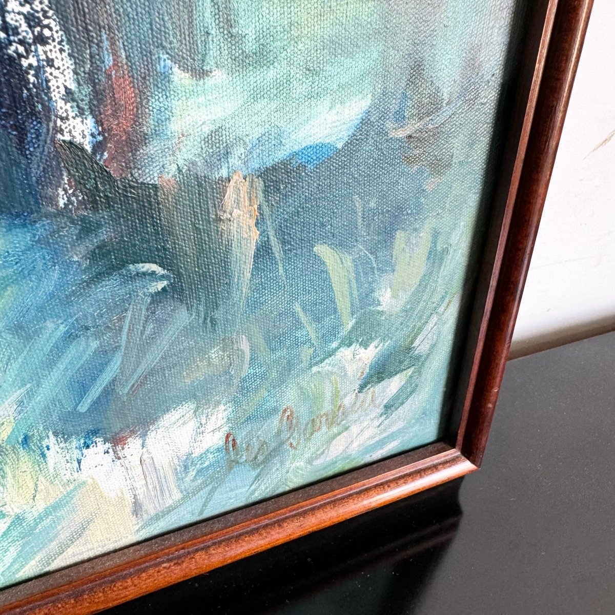 Vintage Asian Framed Watercolor Painting of Man in Nature - Dolphin & Flamingo