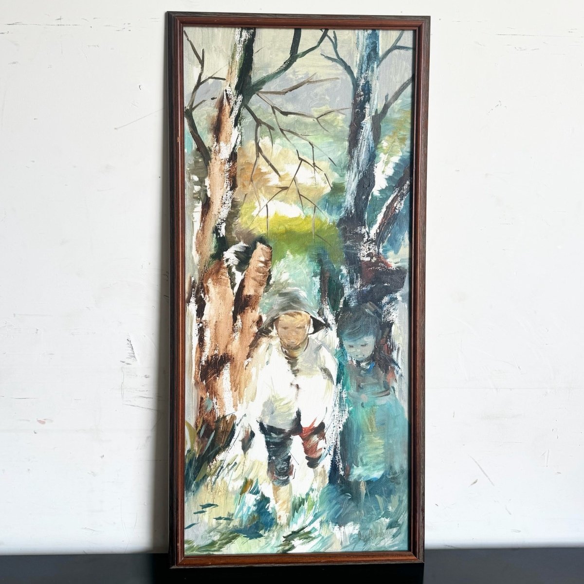 Vintage Asian Framed Watercolor Painting of Man in Nature - Dolphin & Flamingo