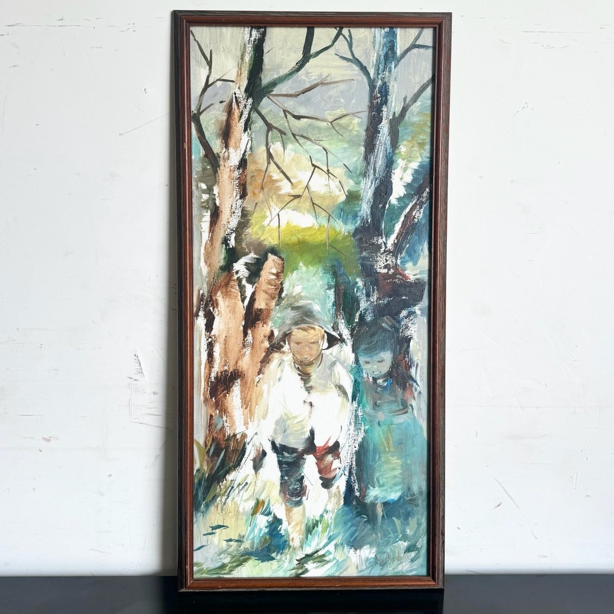 Vintage Asian Framed Watercolor Painting of Man in Nature - Dolphin & Flamingo