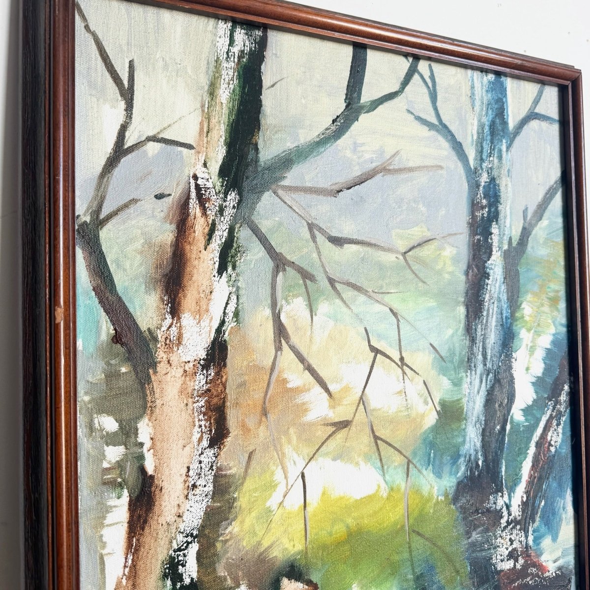 Vintage Asian Framed Watercolor Painting of Man in Nature - Dolphin & Flamingo