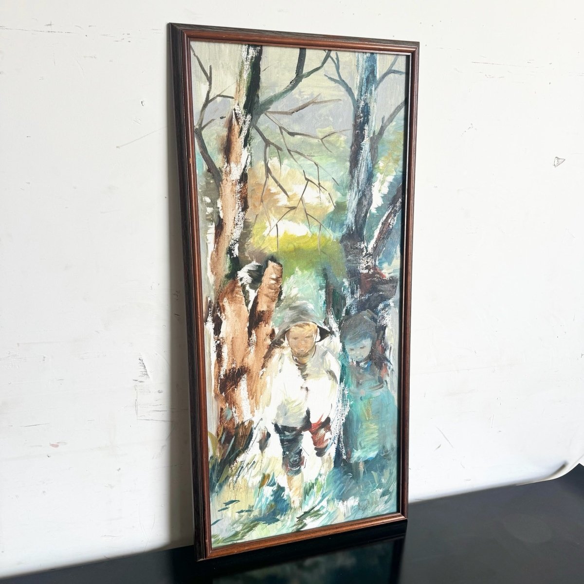Vintage Asian Framed Watercolor Painting of Man in Nature - Dolphin & Flamingo