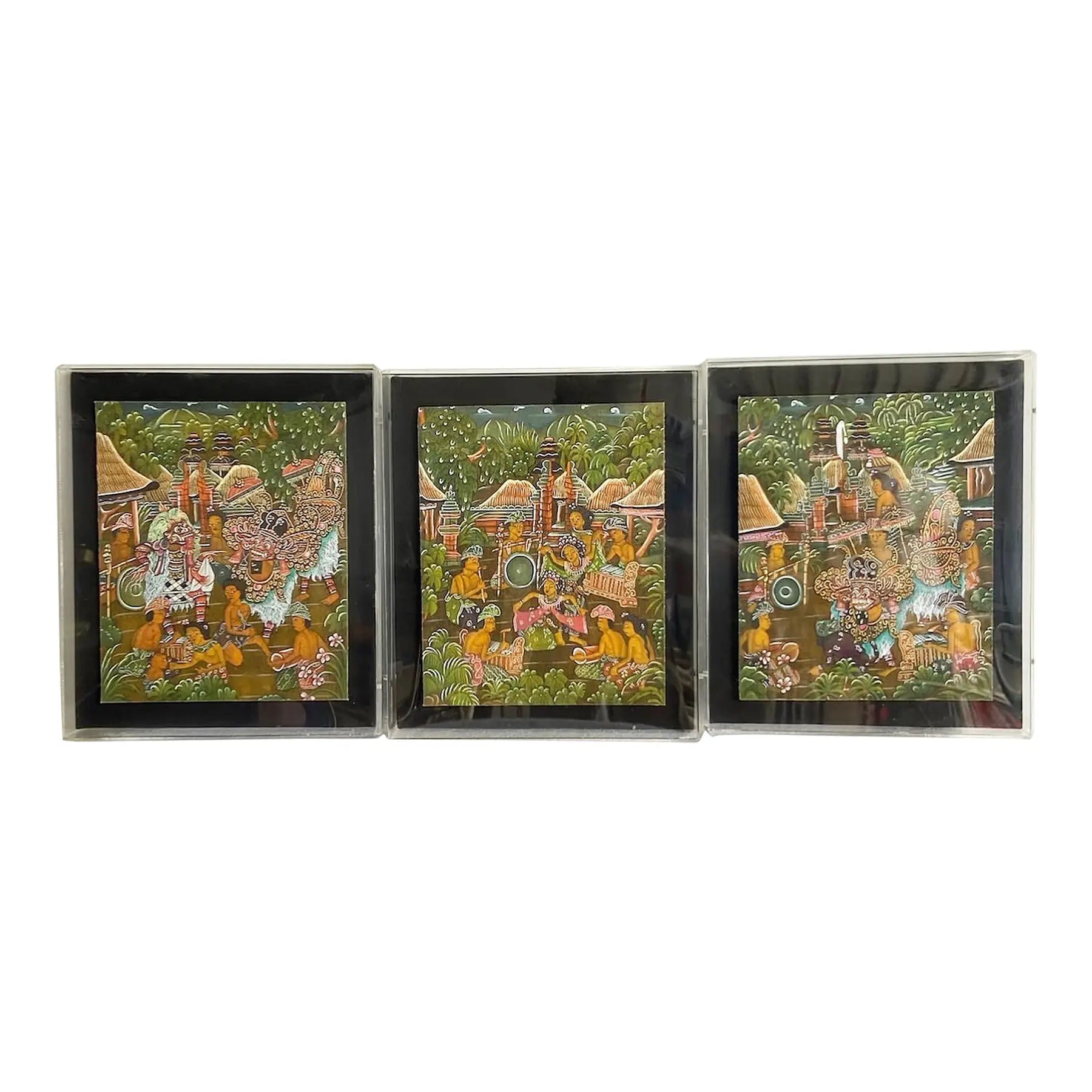 Vintage Balinese Paintings on Paper in Acrylic Frames - Set of 3 - Dolphin & Flamingo