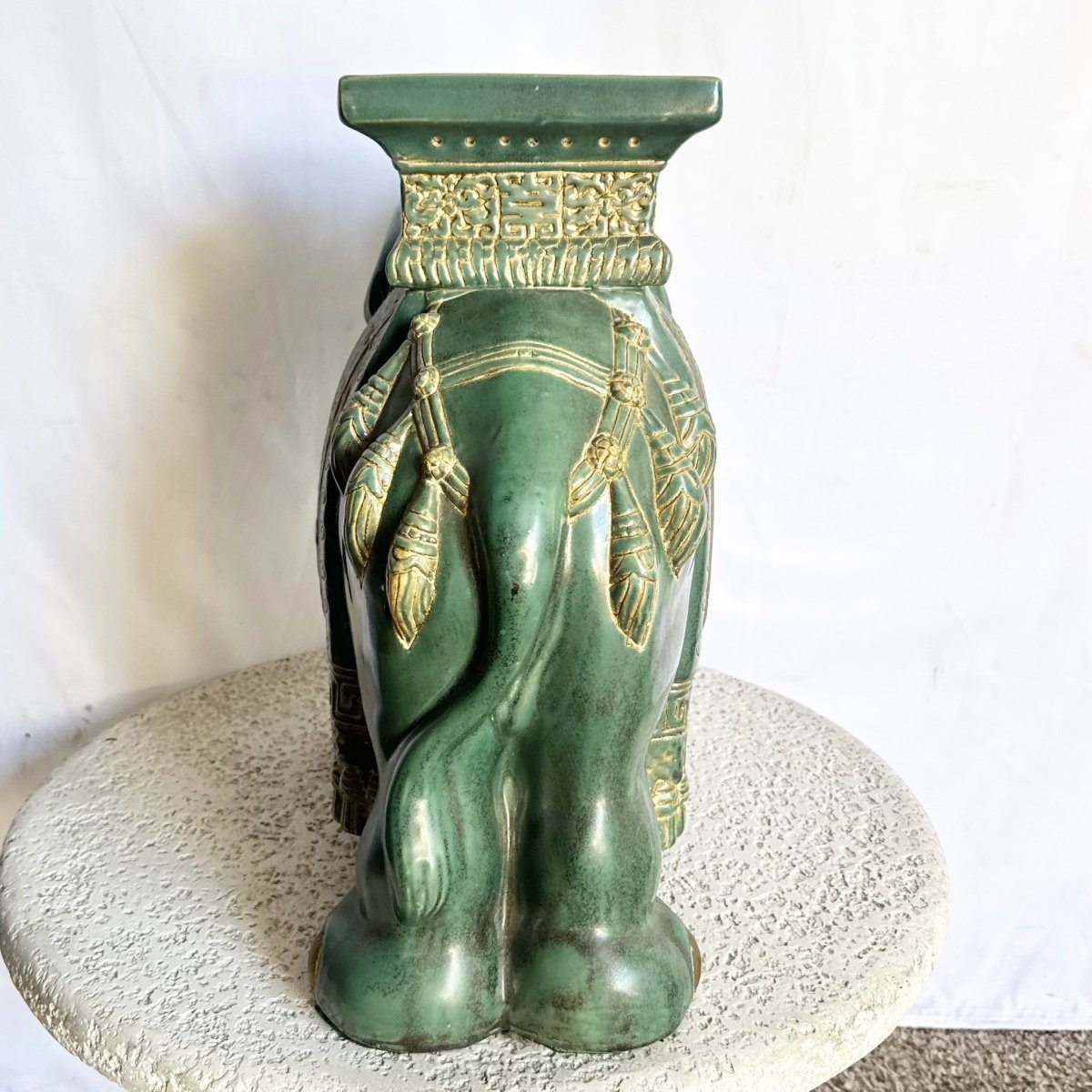 Vintage Boho Ceramic Elephant Planter/Side Table - Dolphin & Flamingo