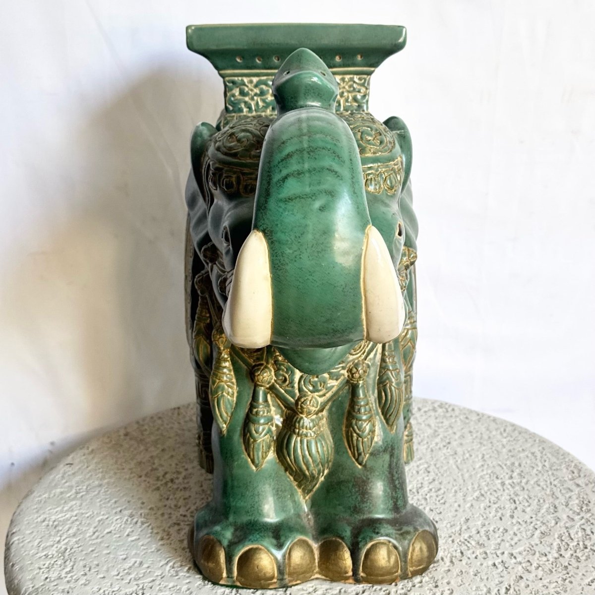 Vintage Boho Ceramic Elephant Planter/Side Table - Dolphin & Flamingo