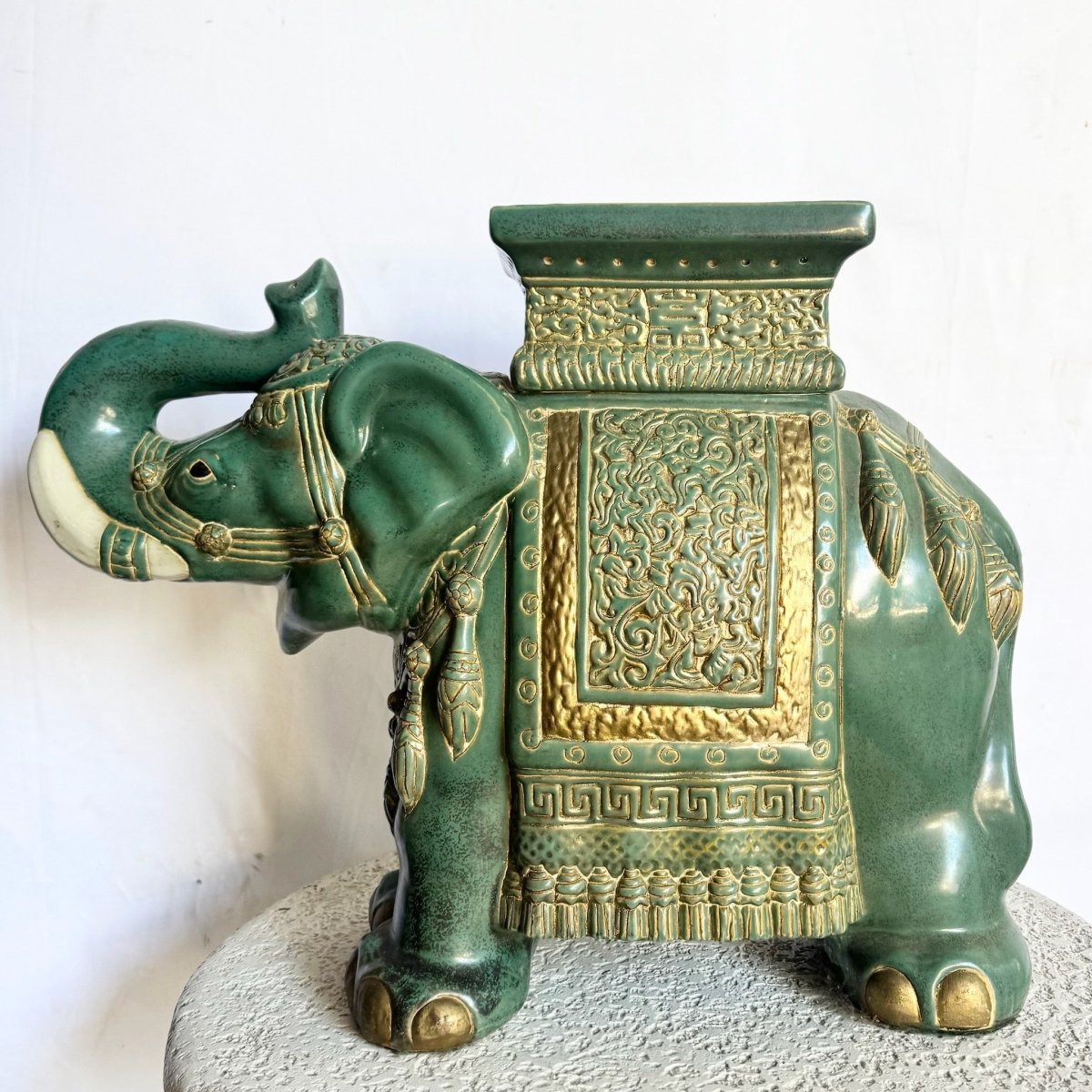 Vintage Boho Ceramic Elephant Planter/Side Table - Dolphin & Flamingo
