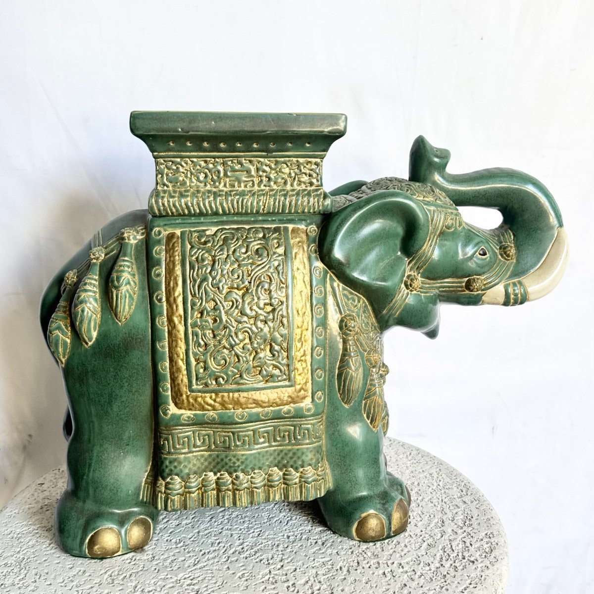 Vintage Boho Ceramic Elephant Planter/Side Table - Dolphin & Flamingo