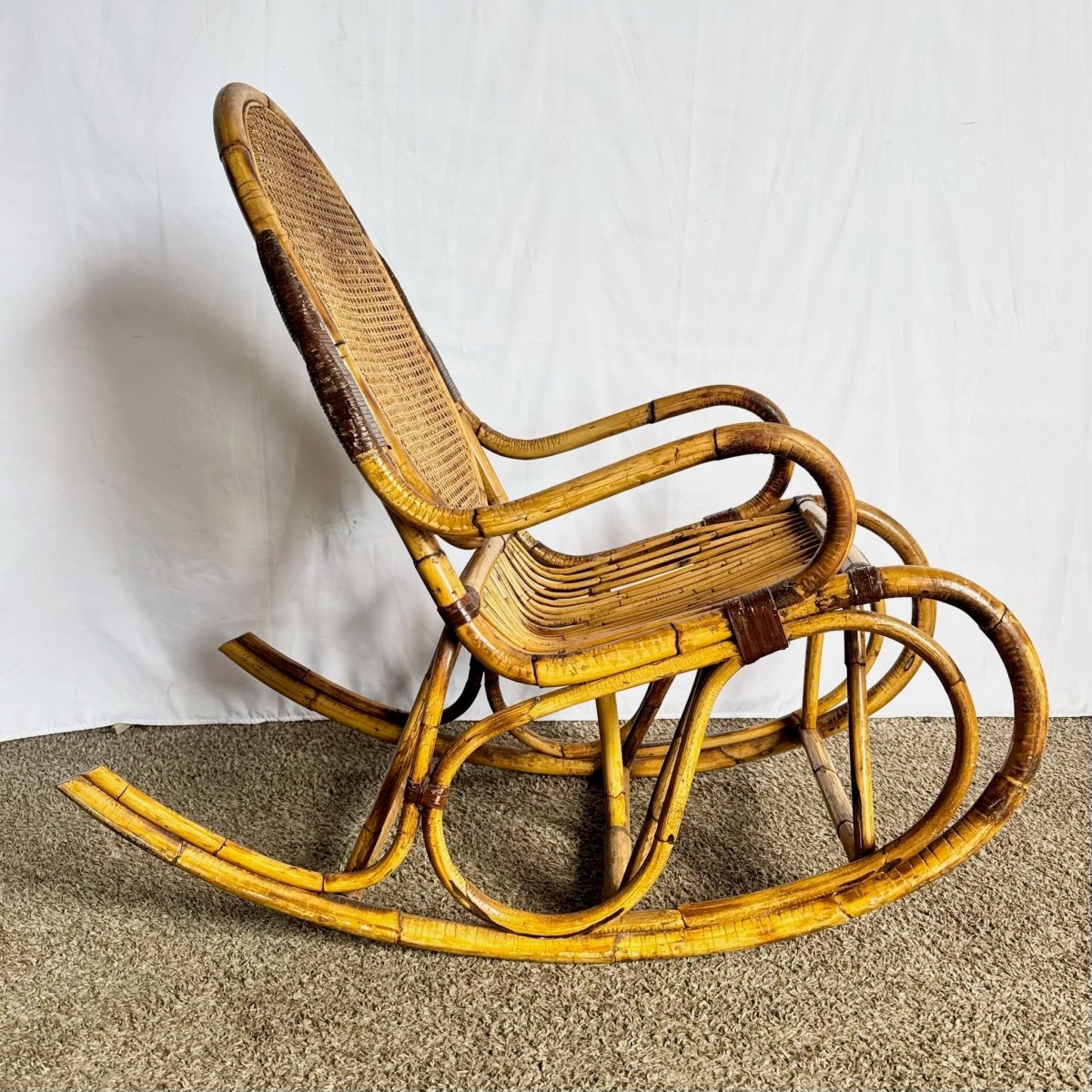 Vintage Boho Chic Bamboo and Cane Rocking Chair - Dolphin & Flamingo