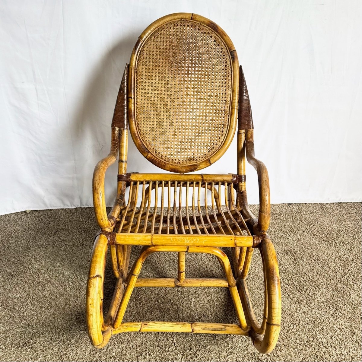 Vintage Boho Chic Bamboo and Cane Rocking Chair - Dolphin & Flamingo