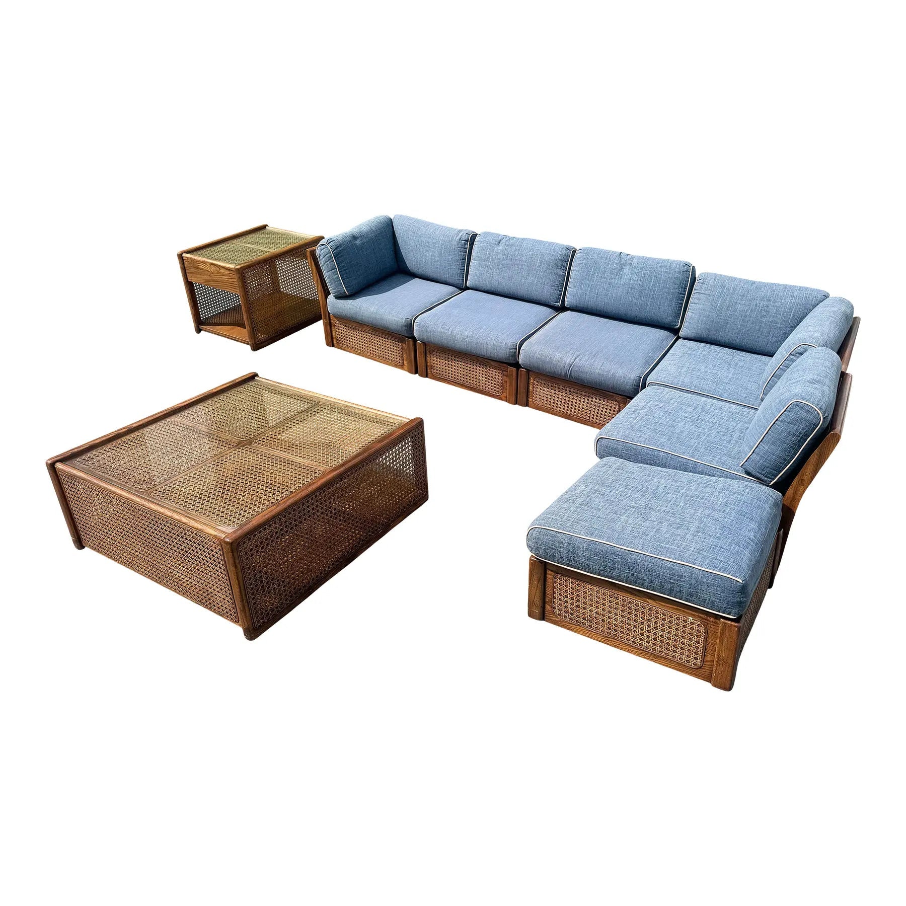 Vintage Boho Chic Cane and Oak Modular Sofa and Table Set by Desoto - 8 Pieces Dolphin & Flamingo