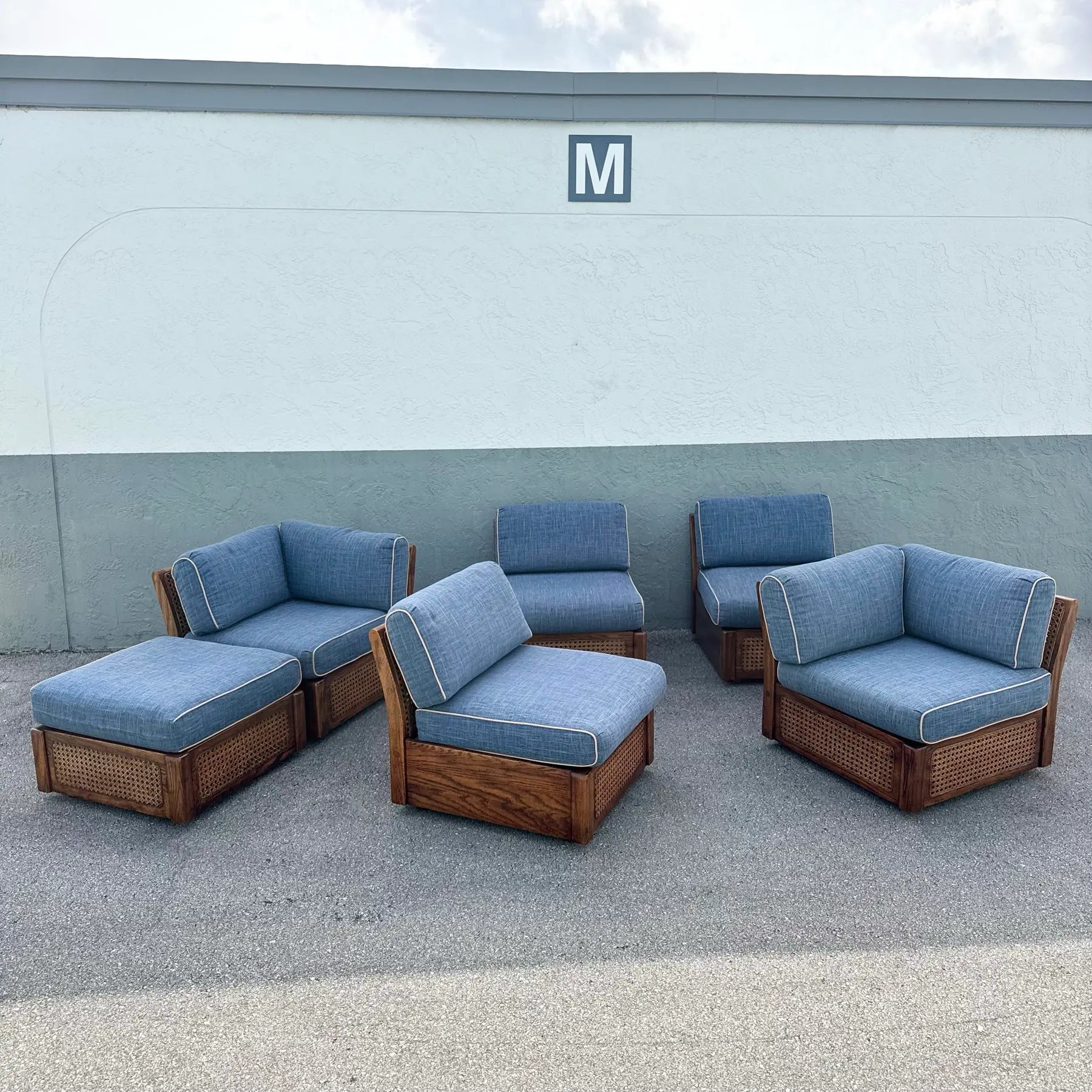 Vintage Boho Chic Cane and Oak Modular Sofa and Table Set by Desoto - 8 Pieces Dolphin & Flamingo