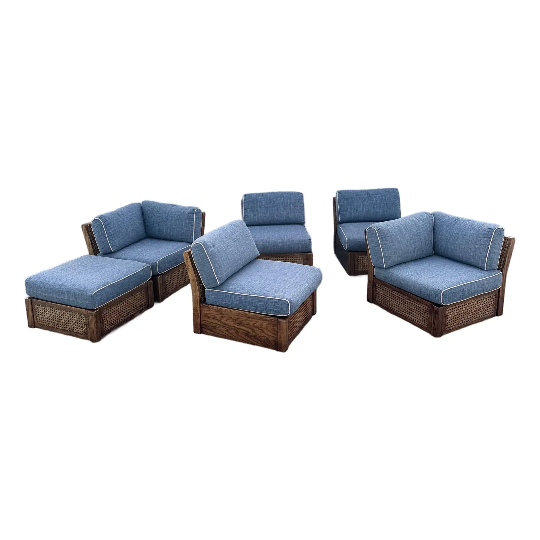 Vintage Boho Chic Cane and Oak Modular Sofa by Desoto - 6 Pieces Dolphin & Flamingo