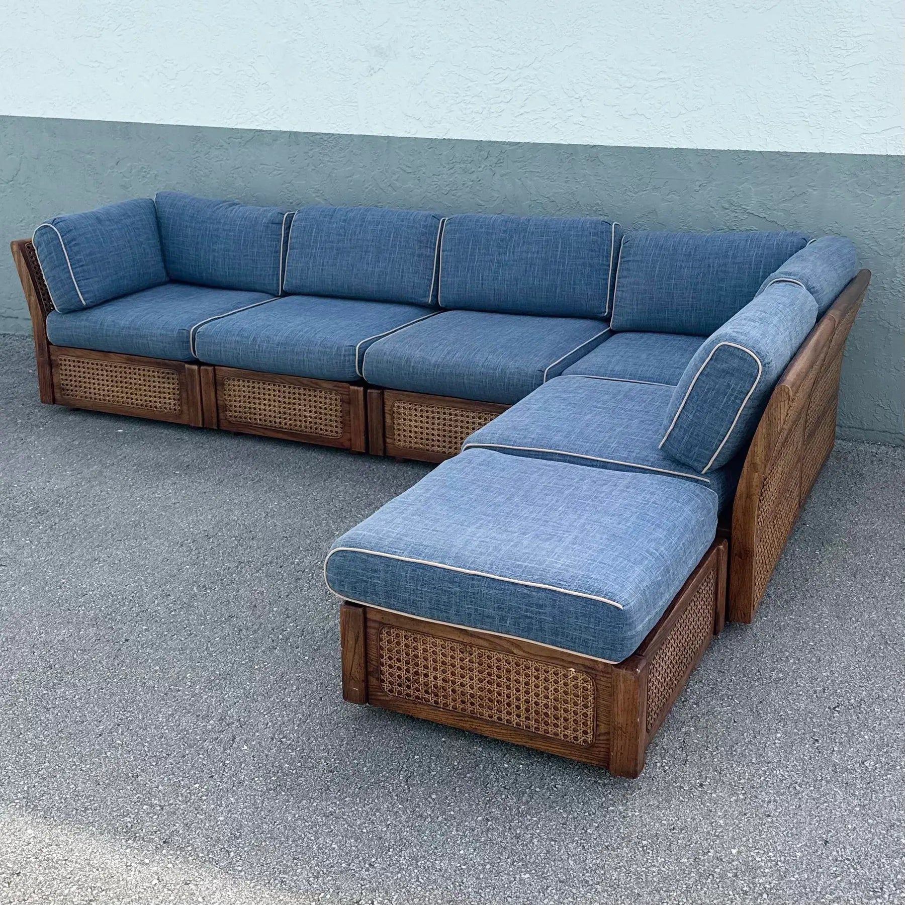 Vintage Boho Chic Cane and Oak Modular Sofa by Desoto - 6 Pieces Dolphin & Flamingo