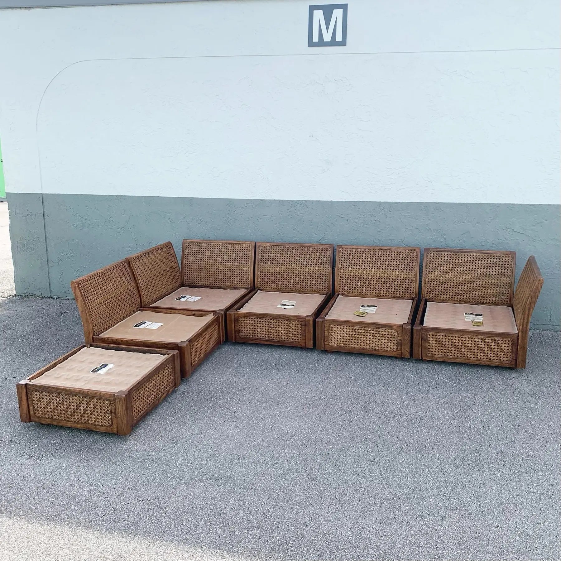 Vintage Boho Chic Cane and Oak Modular Sofa by Desoto - 6 Pieces Dolphin & Flamingo