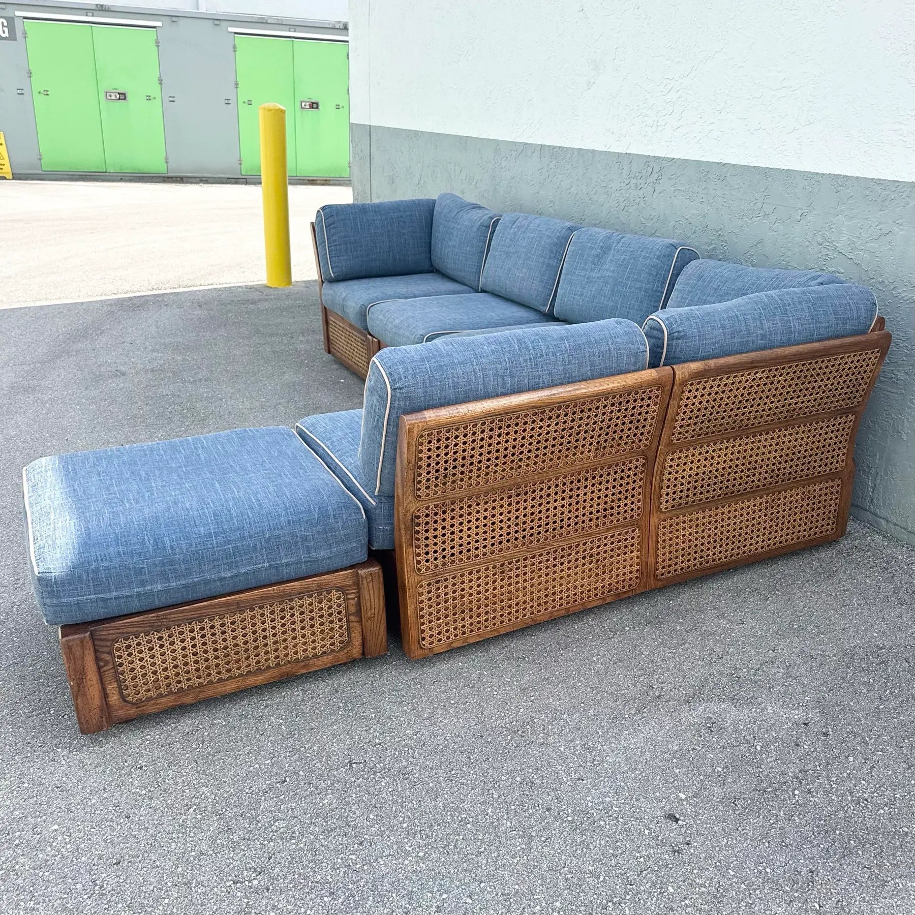 Vintage Boho Chic Cane and Oak Modular Sofa by Desoto - 6 Pieces Dolphin & Flamingo