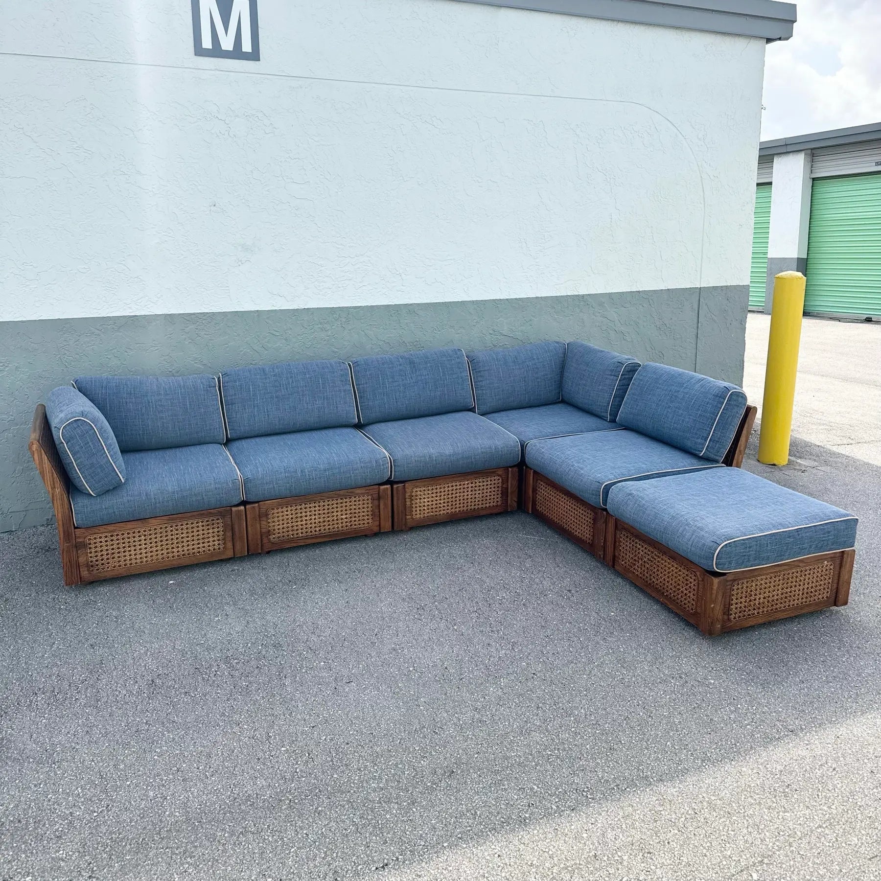 Vintage Boho Chic Cane and Oak Modular Sofa by Desoto - 6 Pieces Dolphin & Flamingo