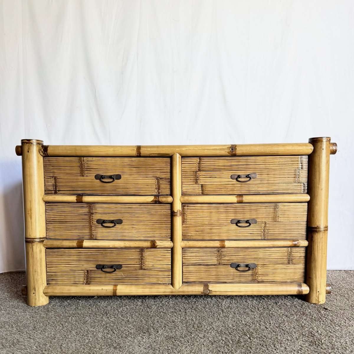 Vintage Boho Chic Chunky Bamboo Dresser - 6 Drawers - Dolphin & Flamingo