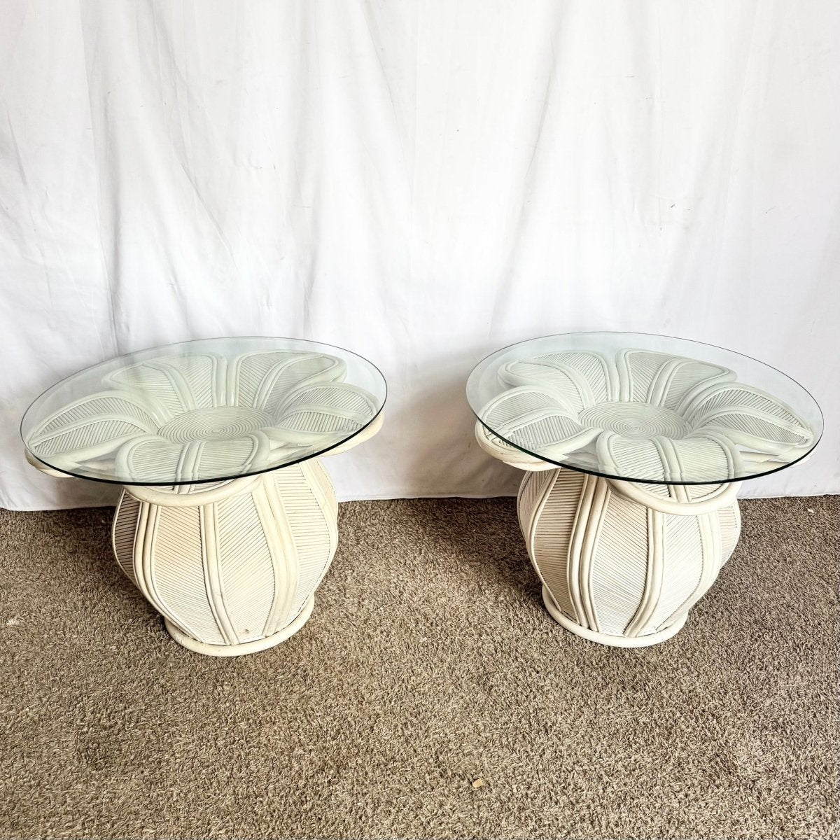 Vintage Boho Chic Pencil Reed Rattan Bell Flower Glass Top Side Tables - A Pair - Dolphin & Flamingo