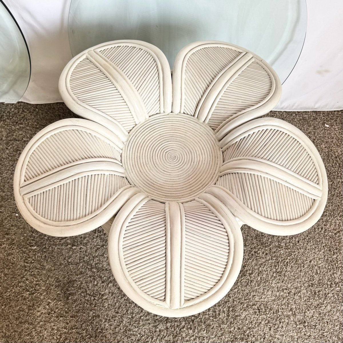 Vintage Boho Chic Pencil Reed Rattan Bell Flower Glass Top Side Tables - A Pair - Dolphin & Flamingo