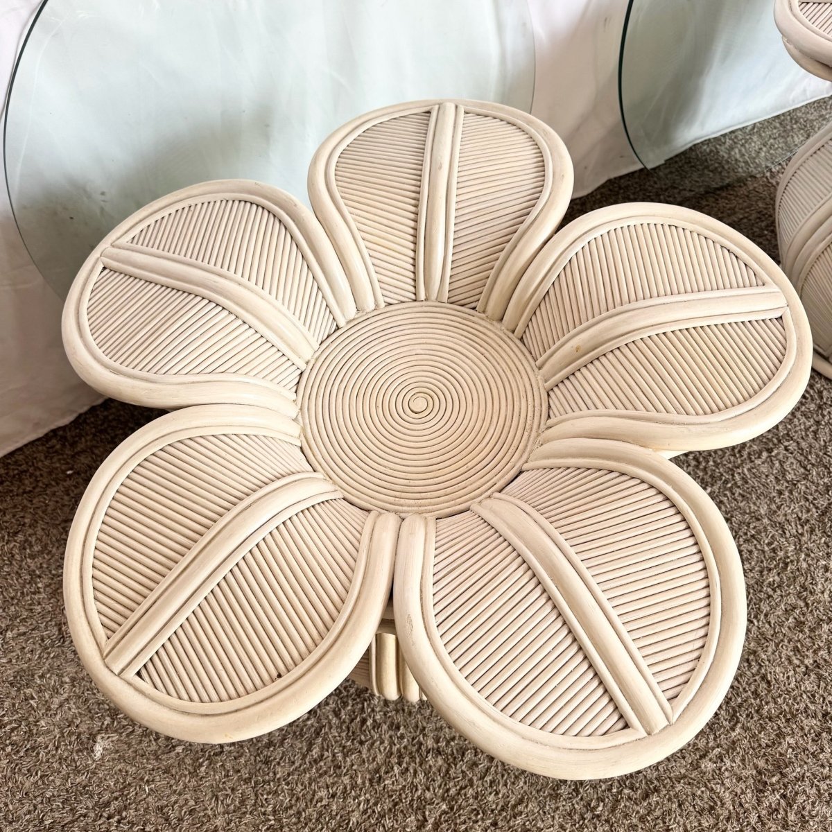 Vintage Boho Chic Pencil Reed Rattan Bell Flower Glass Top Side Tables - A Pair - Dolphin & Flamingo