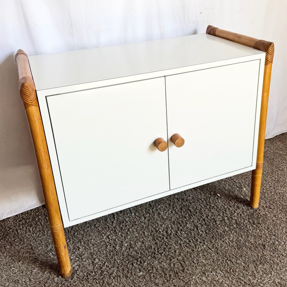 Vintage Boho Chic Rattan and White Laminate Credenza/Cabinet - Dolphin & Flamingo