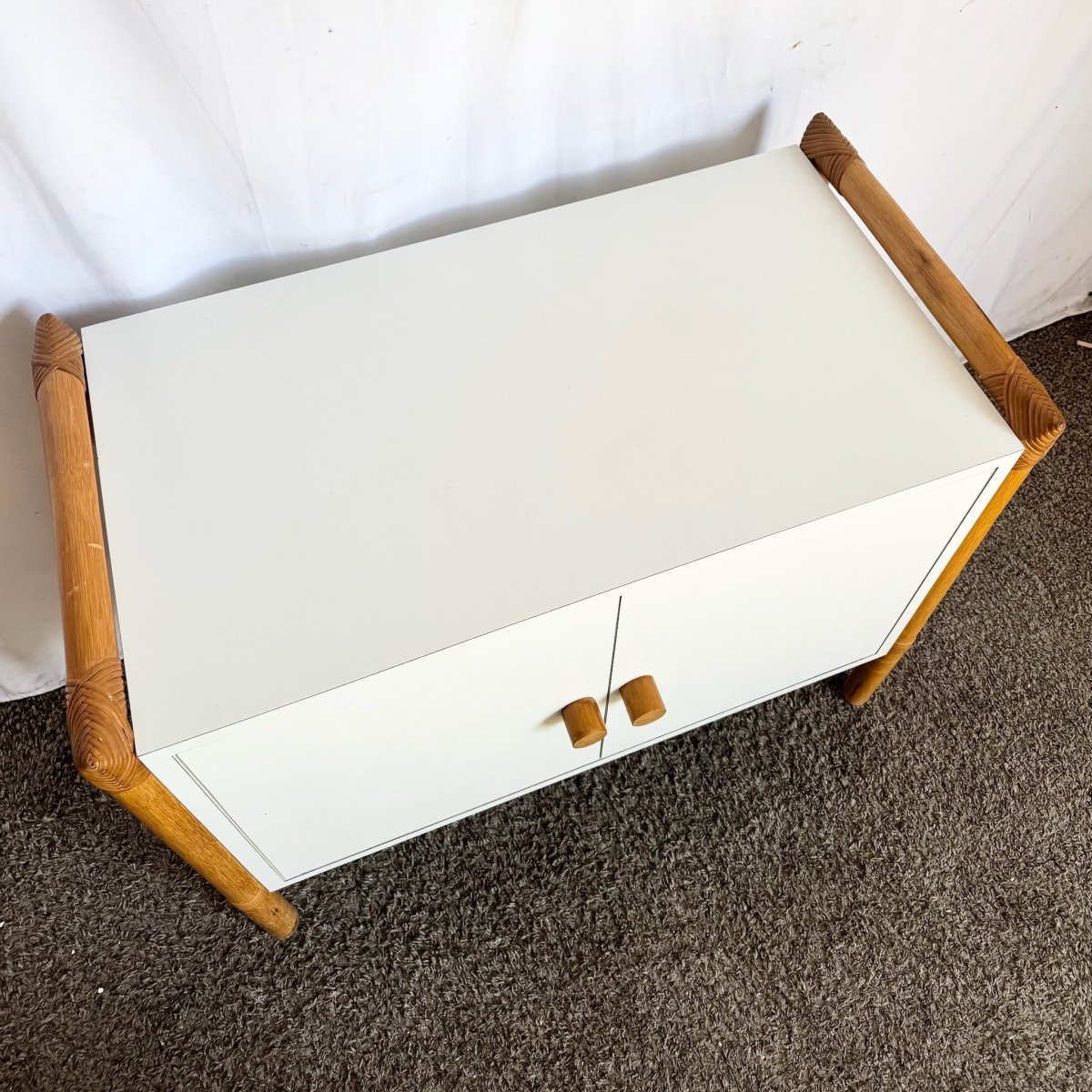 Vintage Boho Chic Rattan and White Laminate Credenza/Cabinet - Dolphin & Flamingo