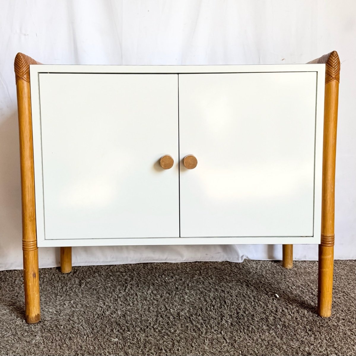 Vintage Boho Chic Rattan and White Laminate Credenza/Cabinet - Dolphin & Flamingo