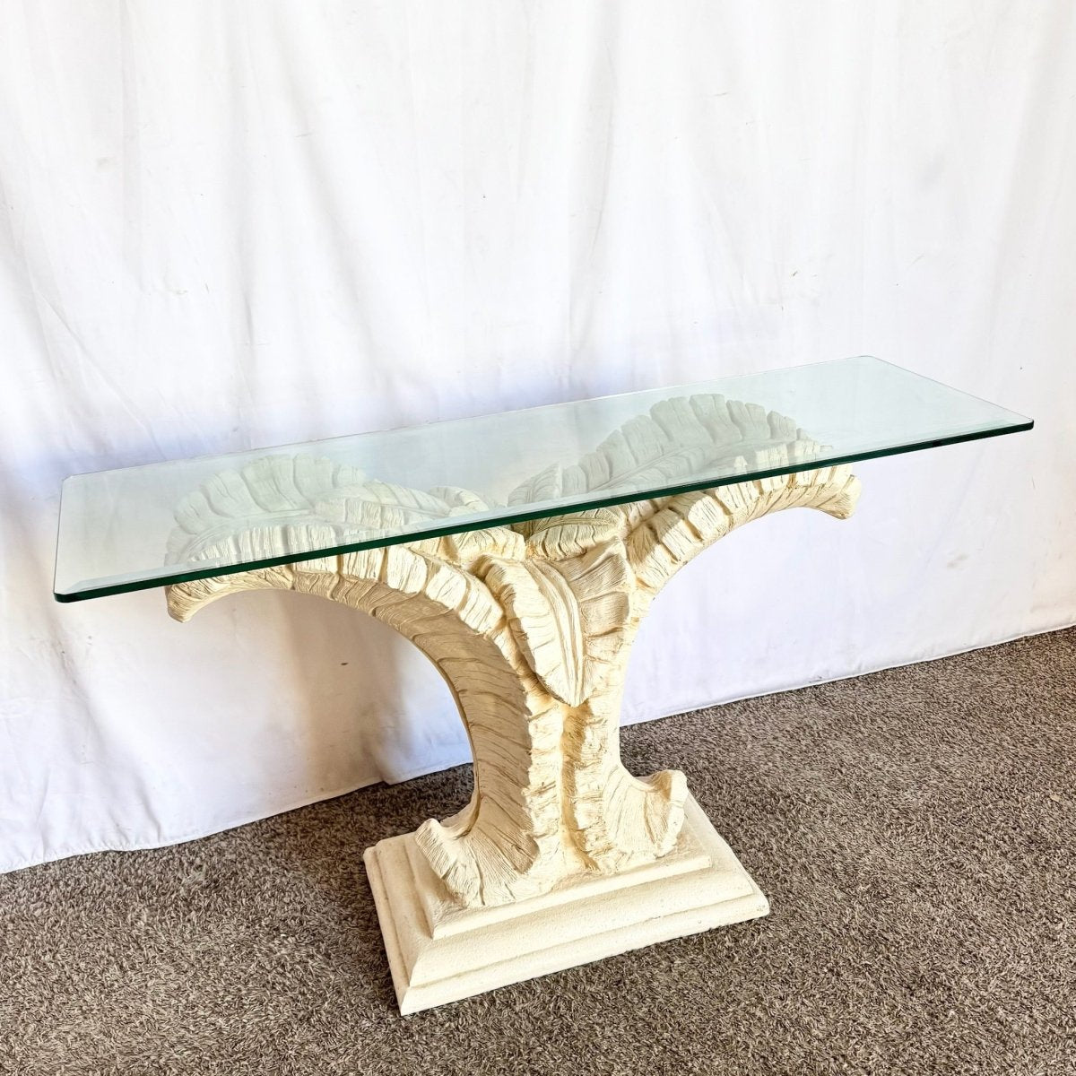 Vintage Boho Chic Resin Banana Leaf Glass Top Console Table - Dolphin & Flamingo