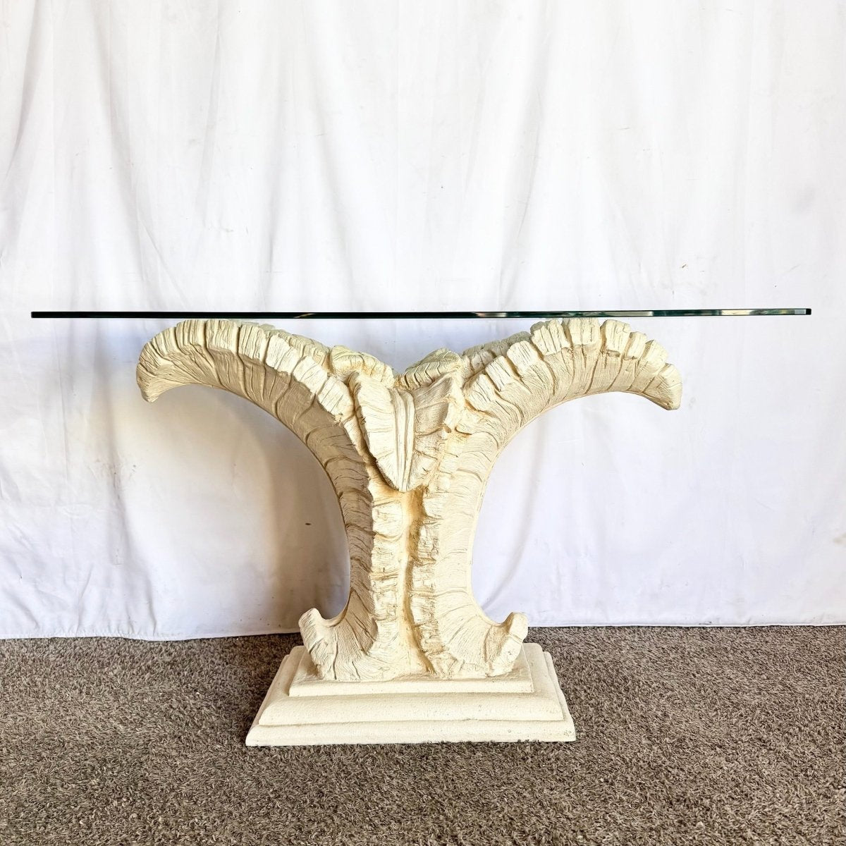 Vintage Boho Chic Resin Banana Leaf Glass Top Console Table - Dolphin & Flamingo
