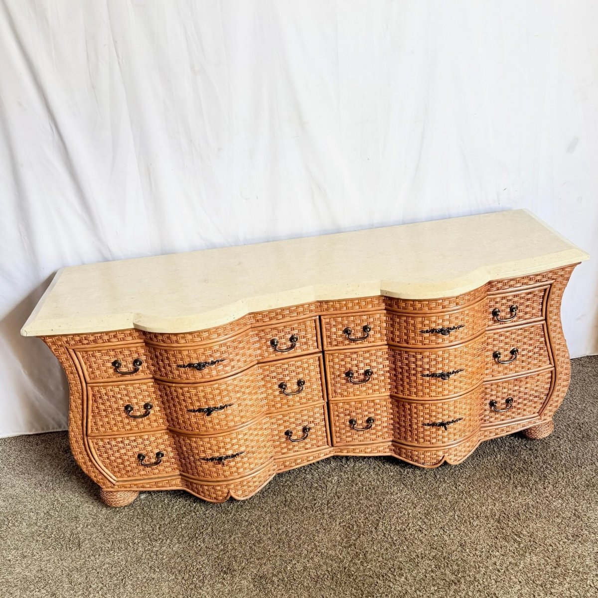 Vintage Boho Chic Tessellated Stone Top Wicker Dresser by Whitecraft - Dolphin & Flamingo