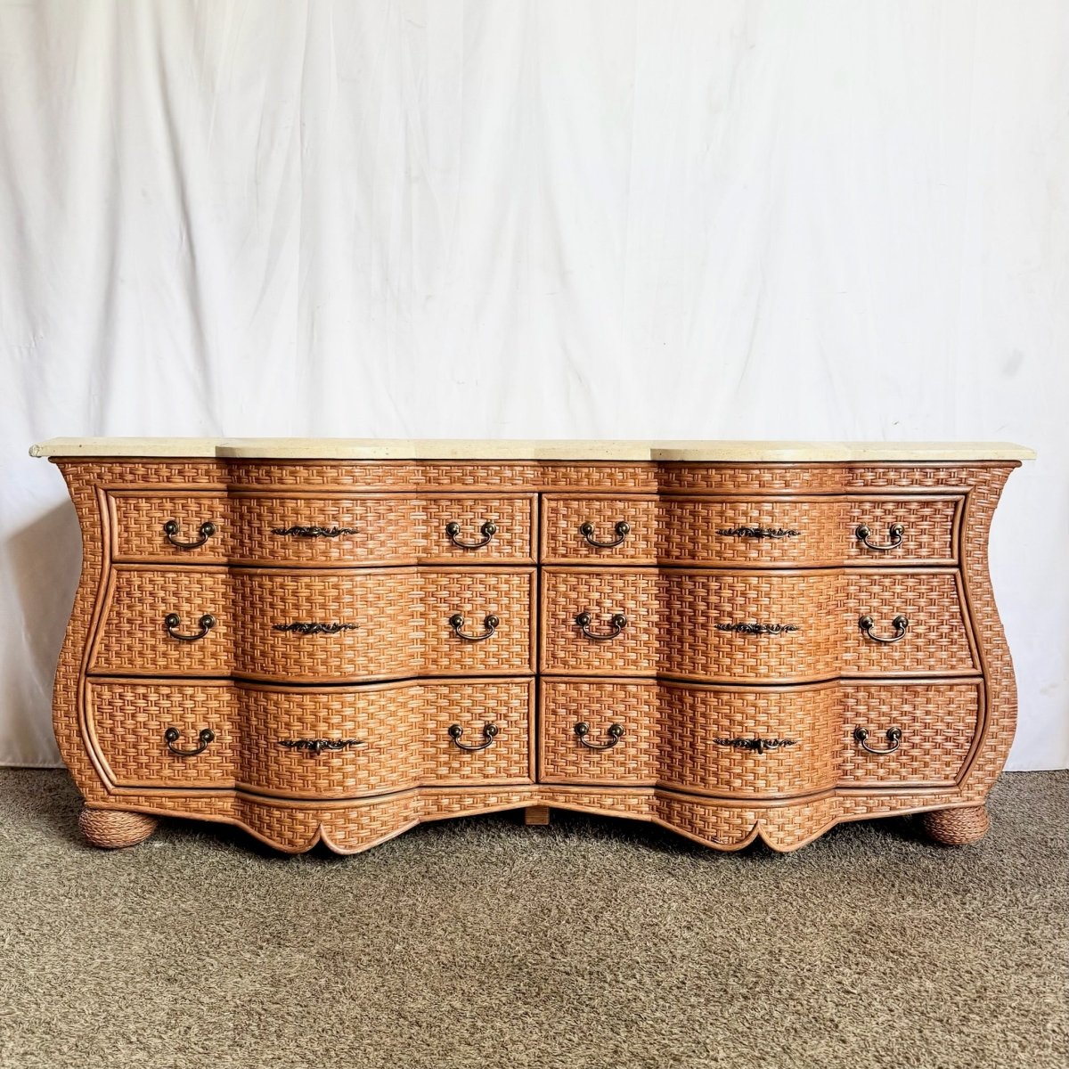 Vintage Boho Chic Tessellated Stone Top Wicker Dresser by Whitecraft - Dolphin & Flamingo