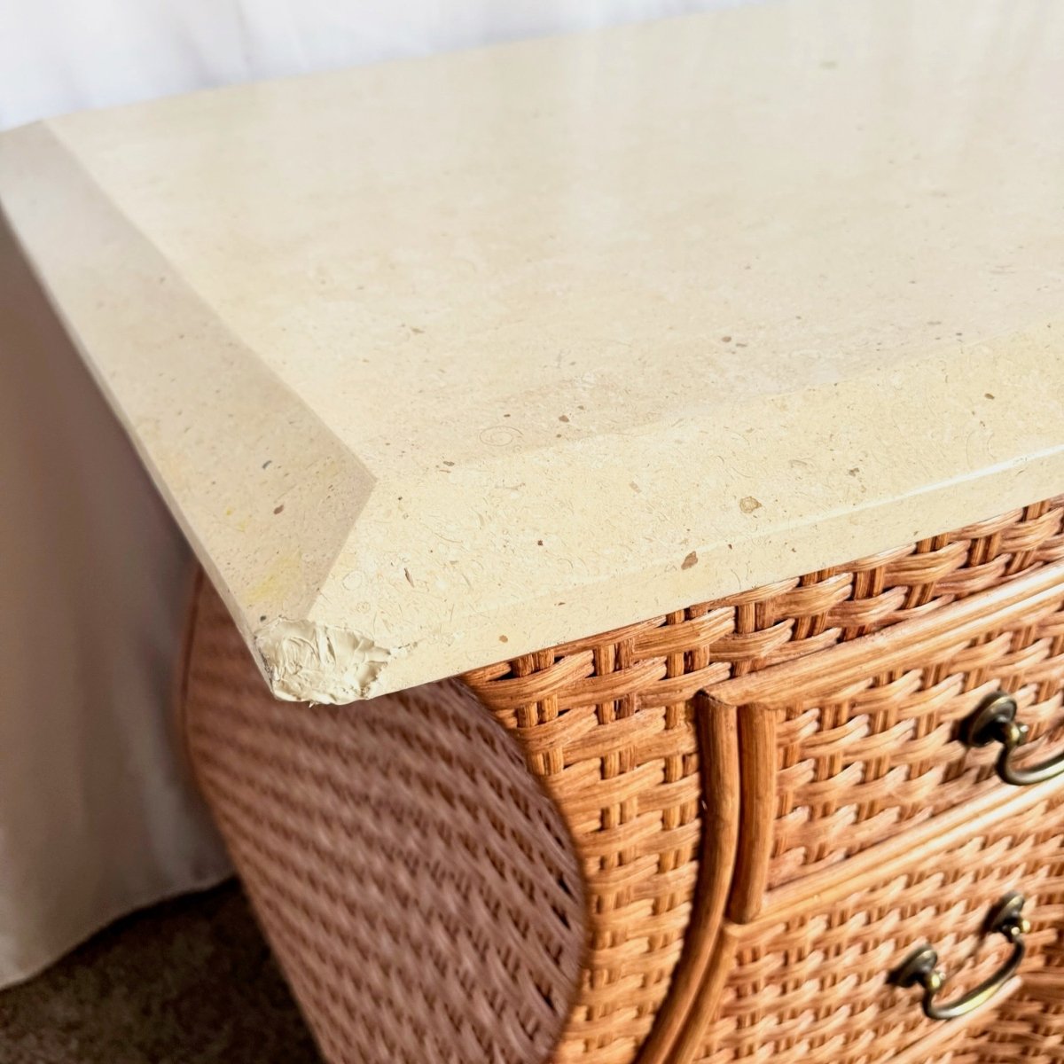 Vintage Boho Chic Tessellated Stone Top Wicker Dresser by Whitecraft - Dolphin & Flamingo