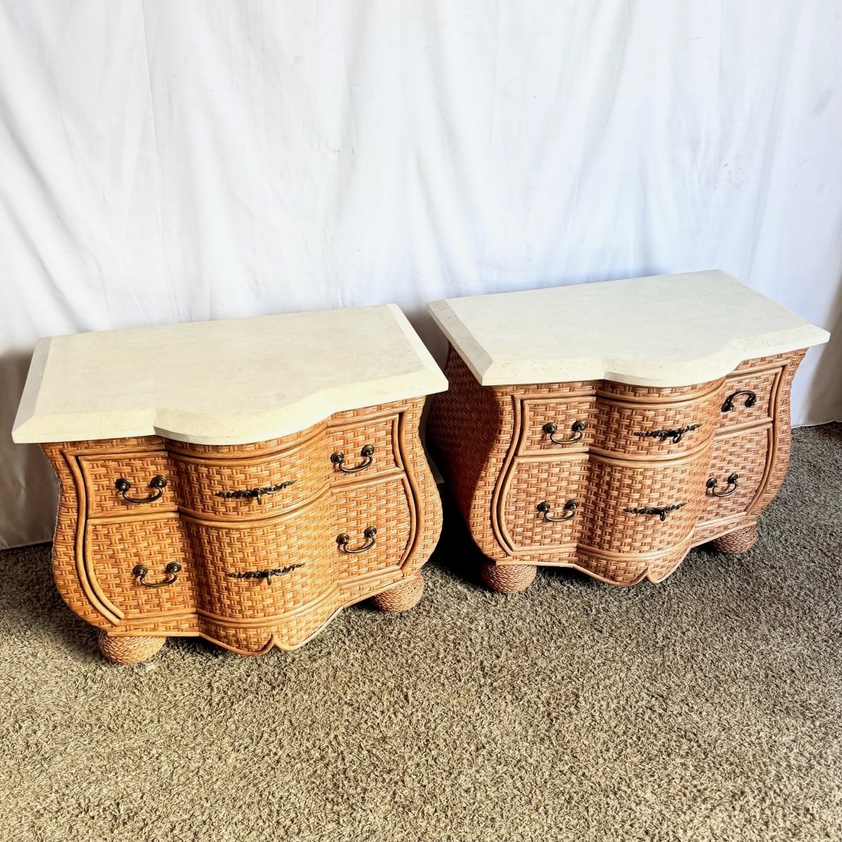 Vintage Boho Chic Tessellated Stone Top Wicker Nightstands by Whitecraft - Dolphin & Flamingo