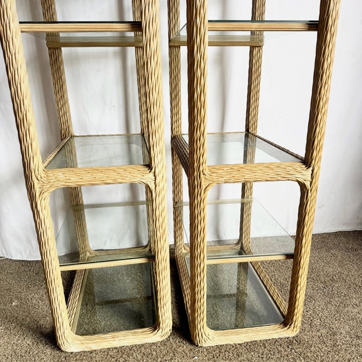 Vintage Boho Chic Twisted Wicker Etageres - A Pair - Dolphin & Flamingo