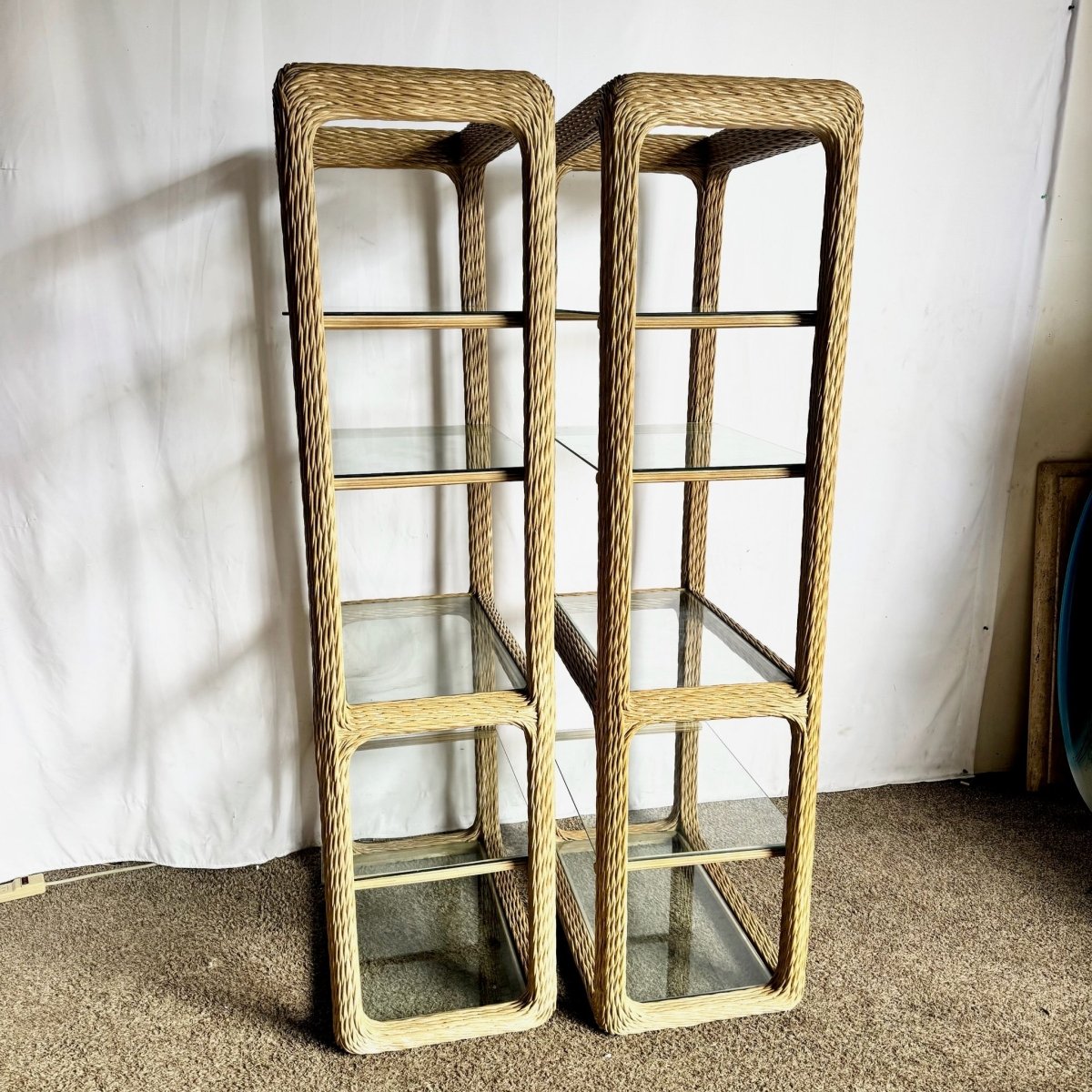 Vintage Boho Chic Twisted Wicker Etageres - A Pair - Dolphin & Flamingo