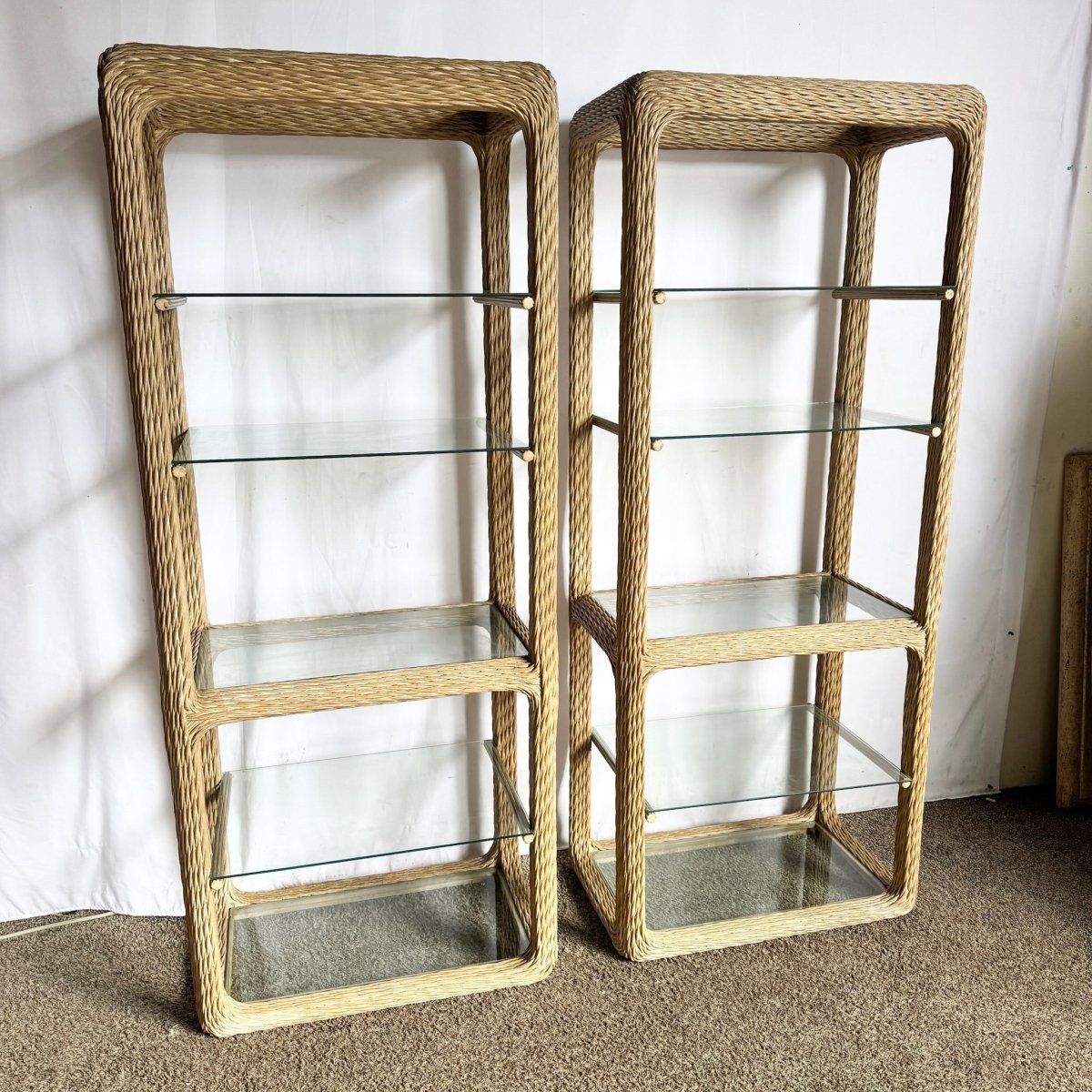 Vintage Boho Chic Twisted Wicker Etageres - A Pair - Dolphin & Flamingo