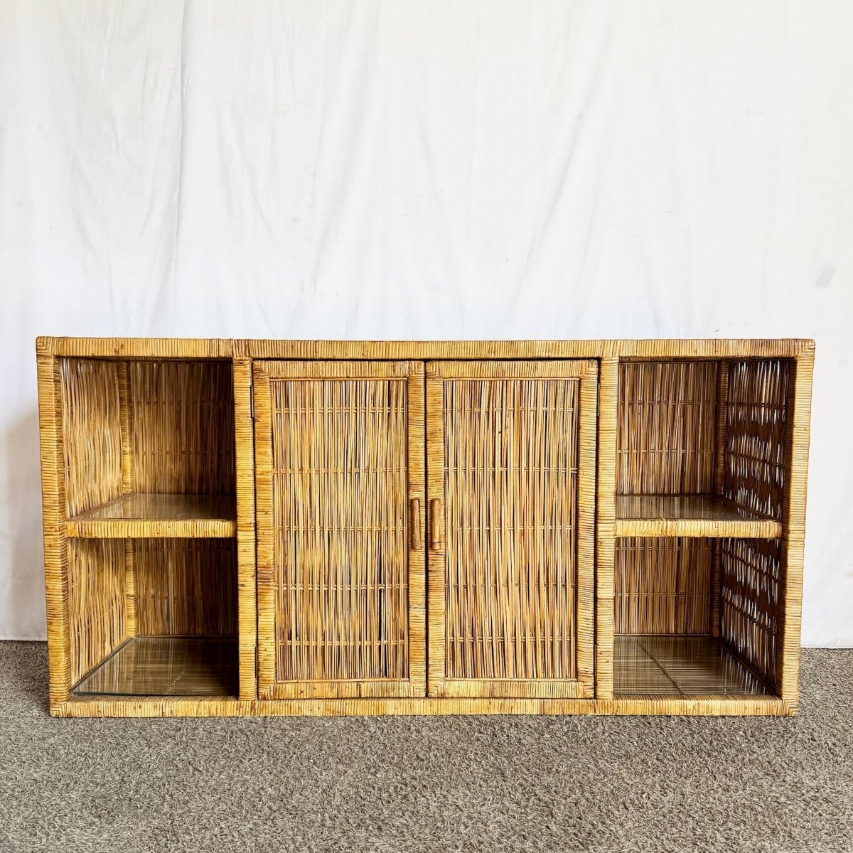 Vintage Boho Chic Wicker Credenza With Inlaid Glass - Dolphin & Flamingo