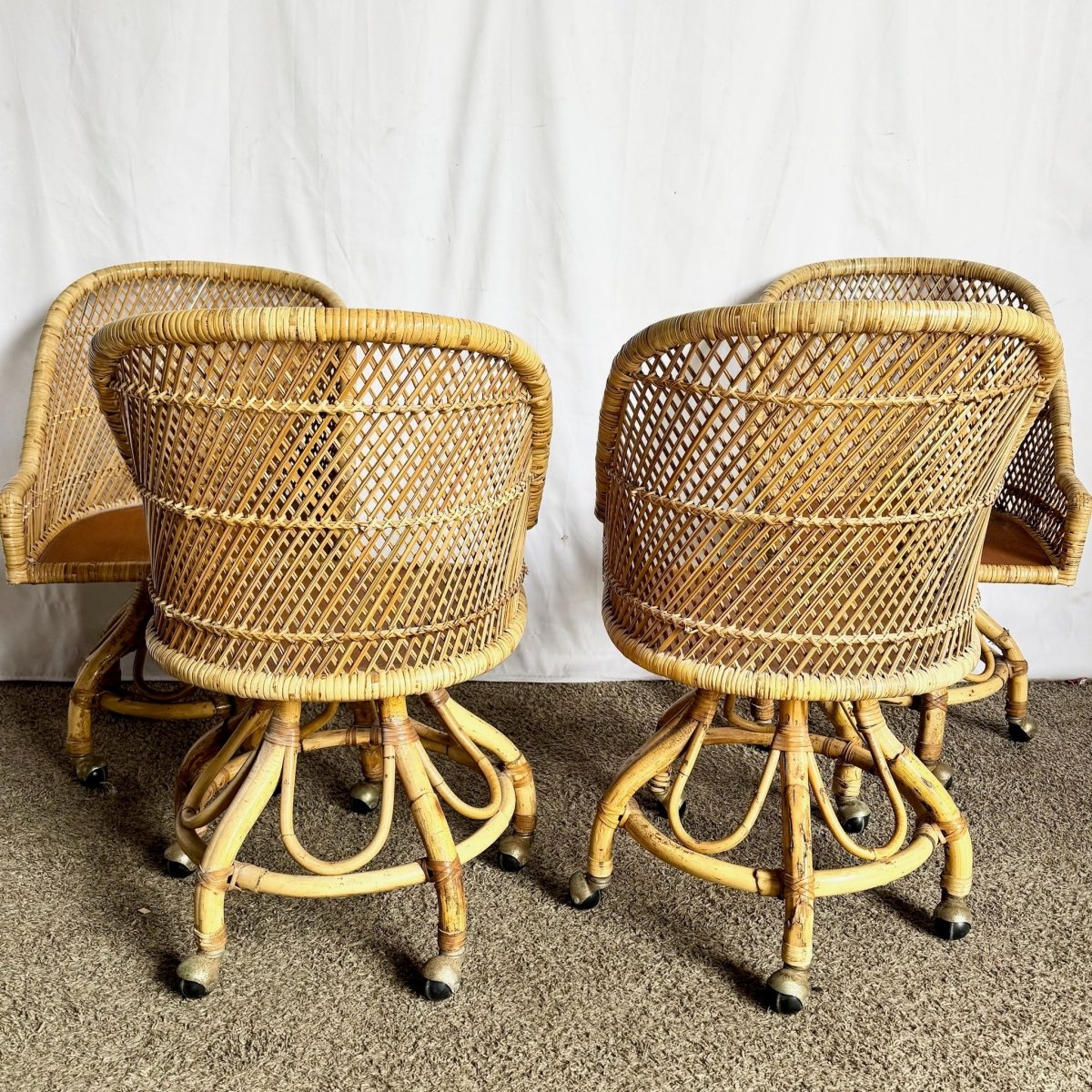 Vintage Boho Chic Wicker Dining Barrel Chairs - Set of 4 - Dolphin & Flamingo