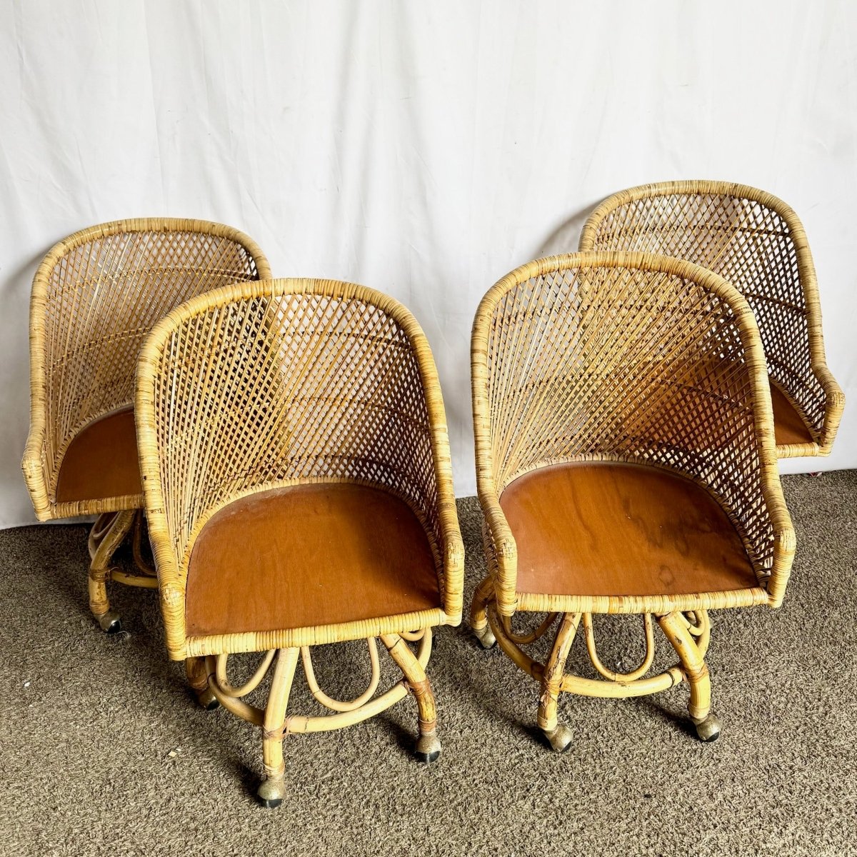 Vintage Boho Chic Wicker Dining Barrel Chairs - Set of 4 - Dolphin & Flamingo