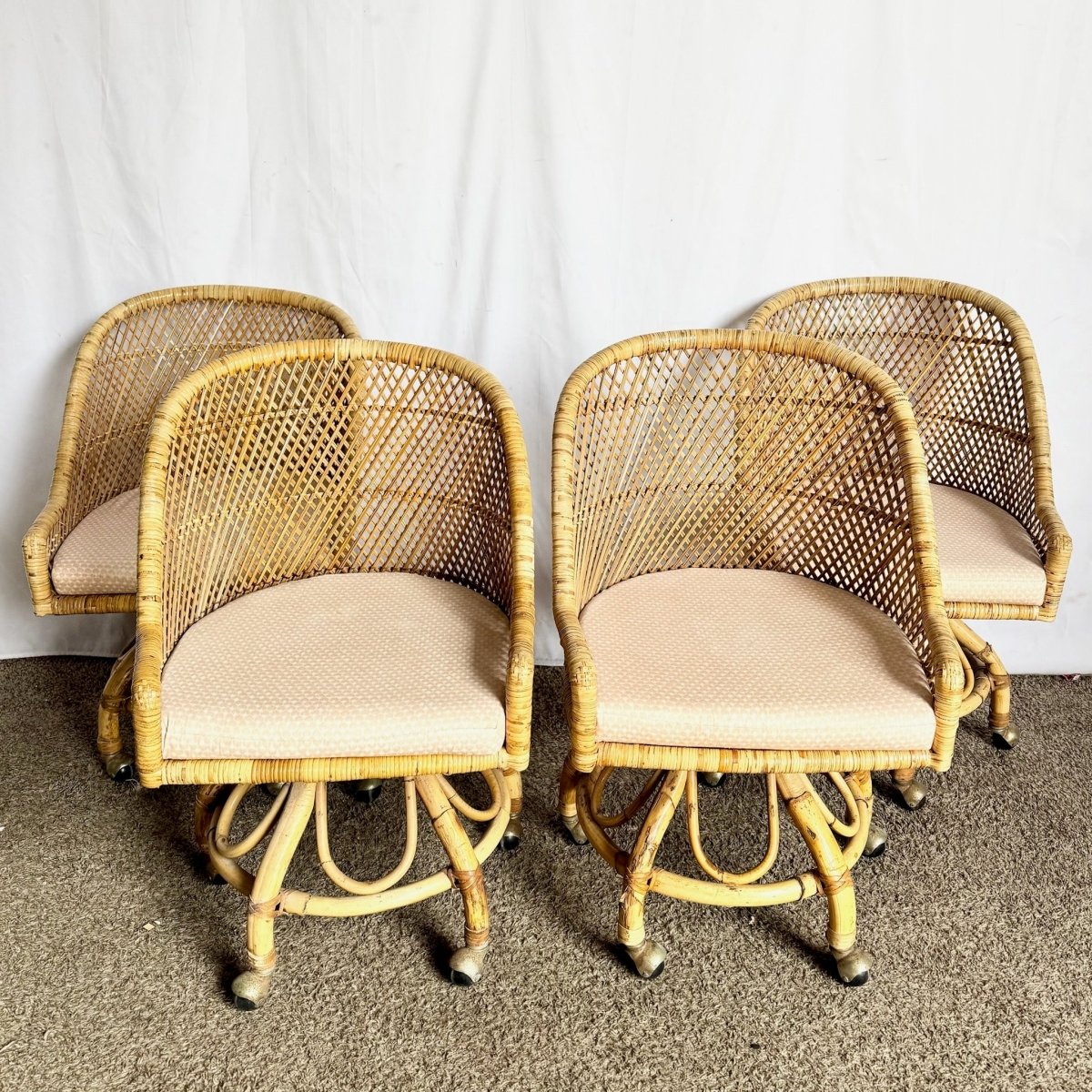 Vintage Boho Chic Wicker Dining Barrel Chairs - Set of 4 - Dolphin & Flamingo