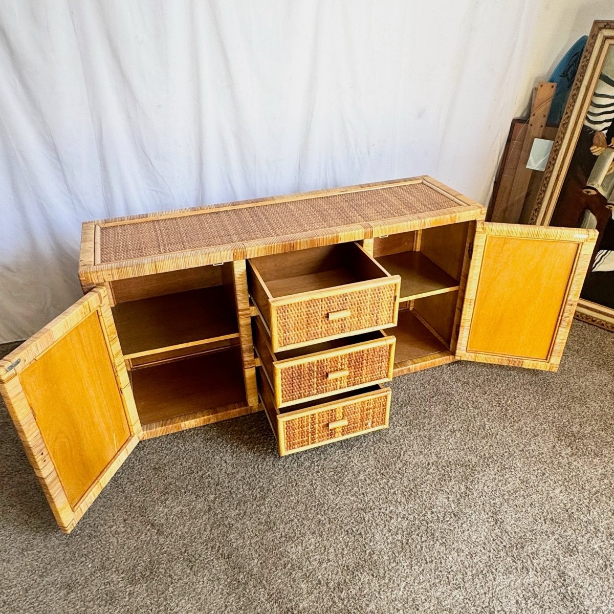 Vintage Boho Chic Wicker Wrapped Credenza - Dolphin & Flamingo